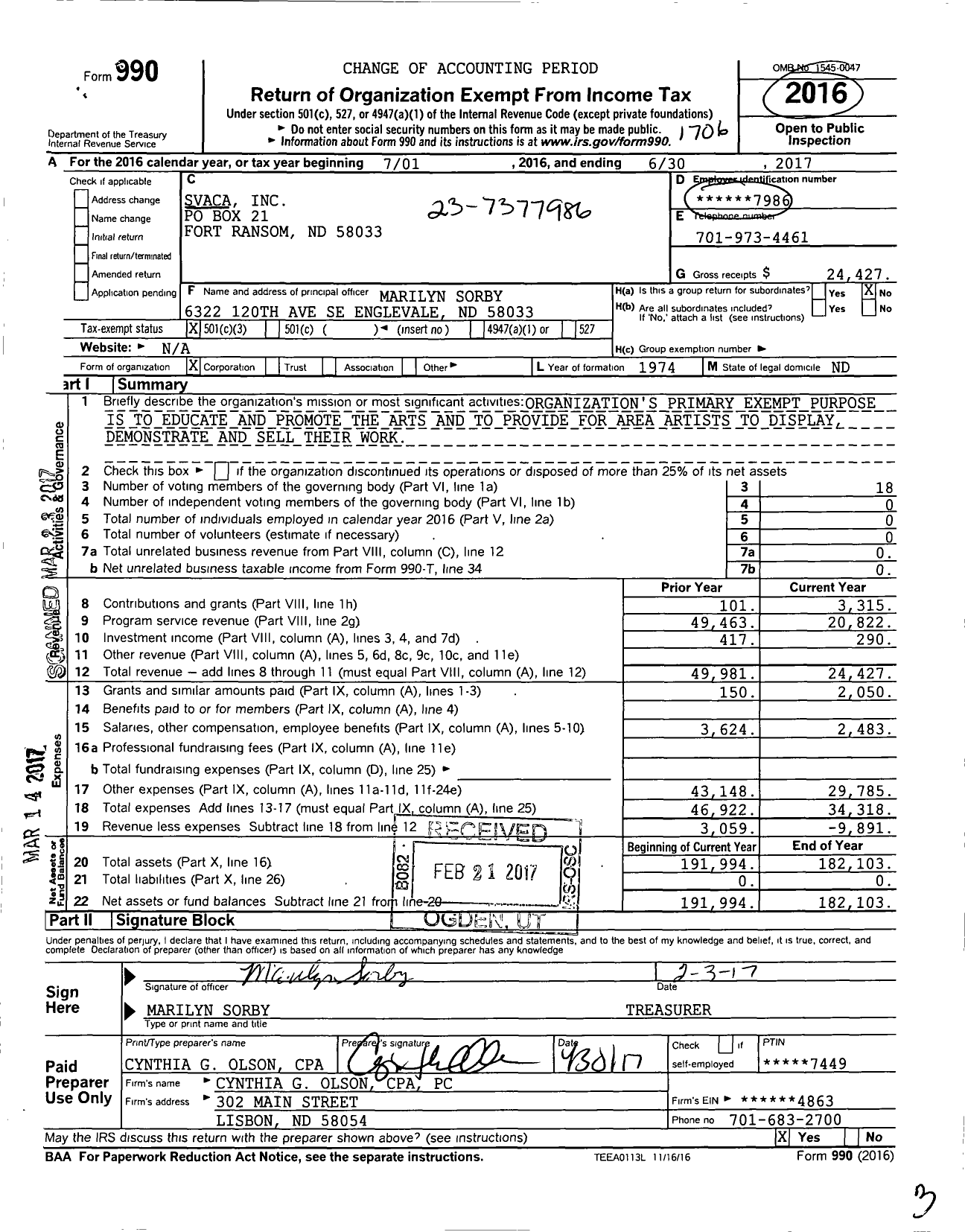 Image of first page of 2016 Form 990 for Svaca