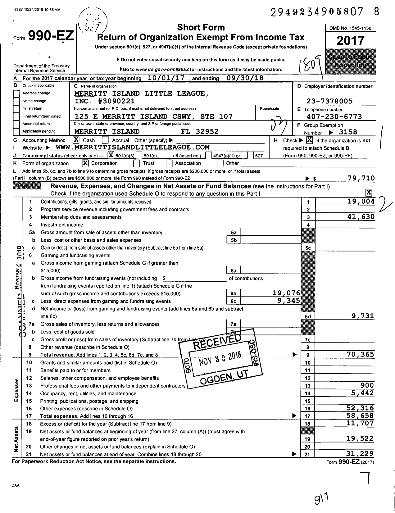 Image of first page of 2017 Form 990EZ for Little League Baseball - 3090221 Merritt Island LL