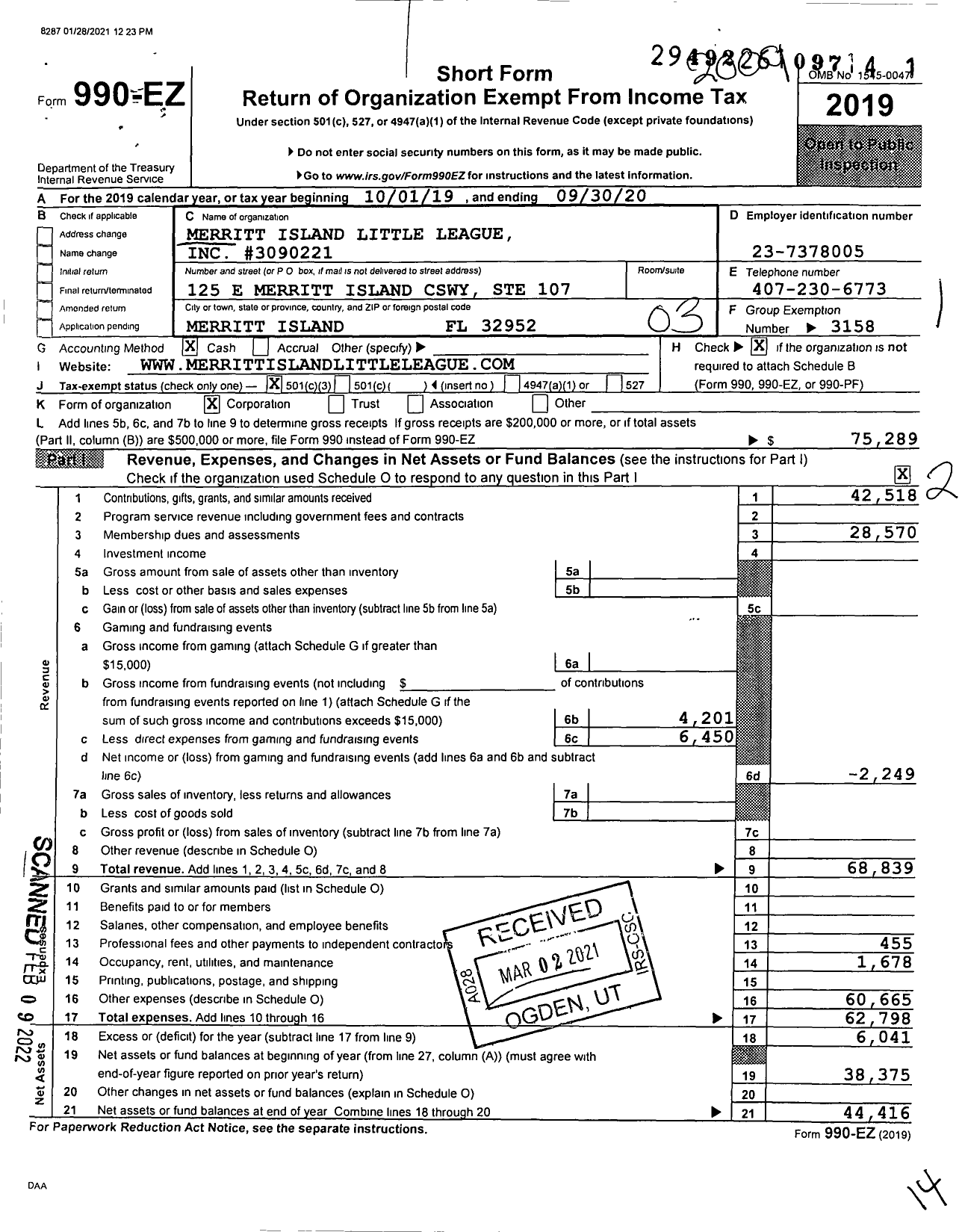 Image of first page of 2019 Form 990EZ for Little League Baseball - 3090221 Merritt Island LL