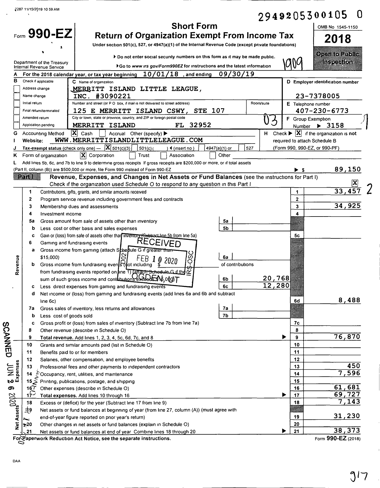 Image of first page of 2018 Form 990EZ for Little League Baseball - 3090221 Merritt Island LL