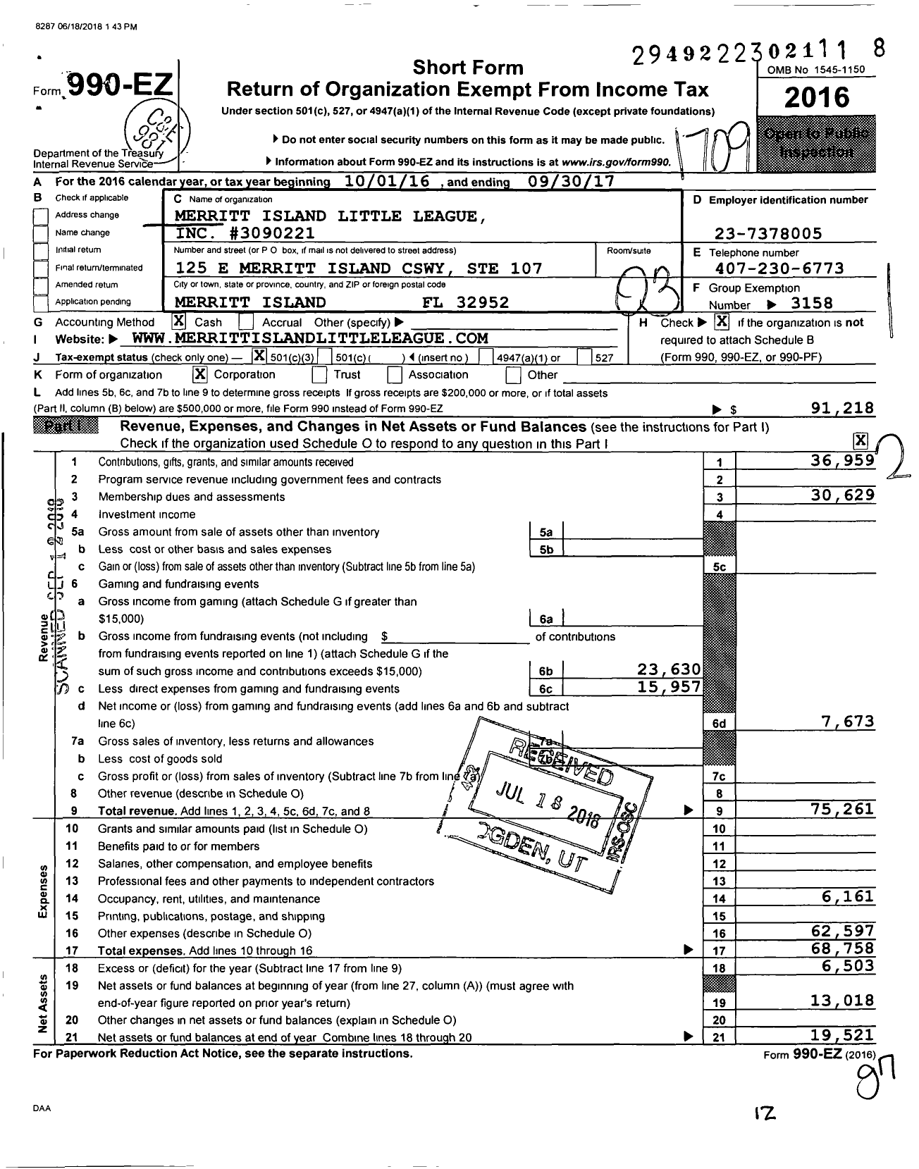 Image of first page of 2016 Form 990EZ for Little League Baseball - 3090221 Merritt Island LL