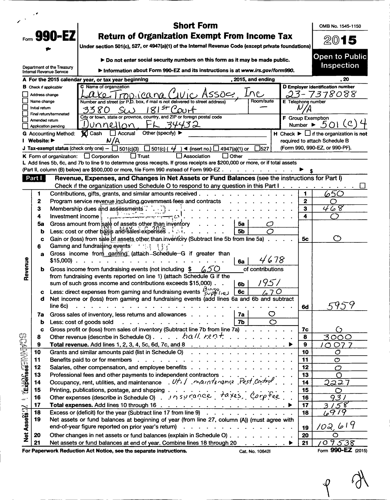 Image of first page of 2015 Form 990EO for Lake Tropicana Civic Association
