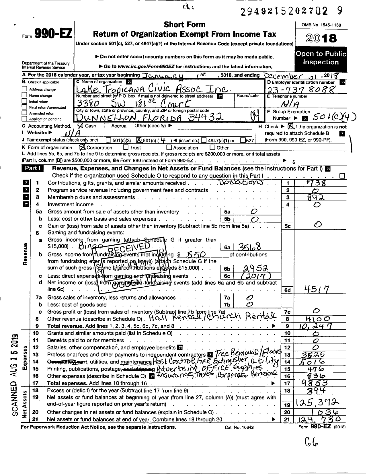 Image of first page of 2018 Form 990EO for Lake Tropicana Civic Association