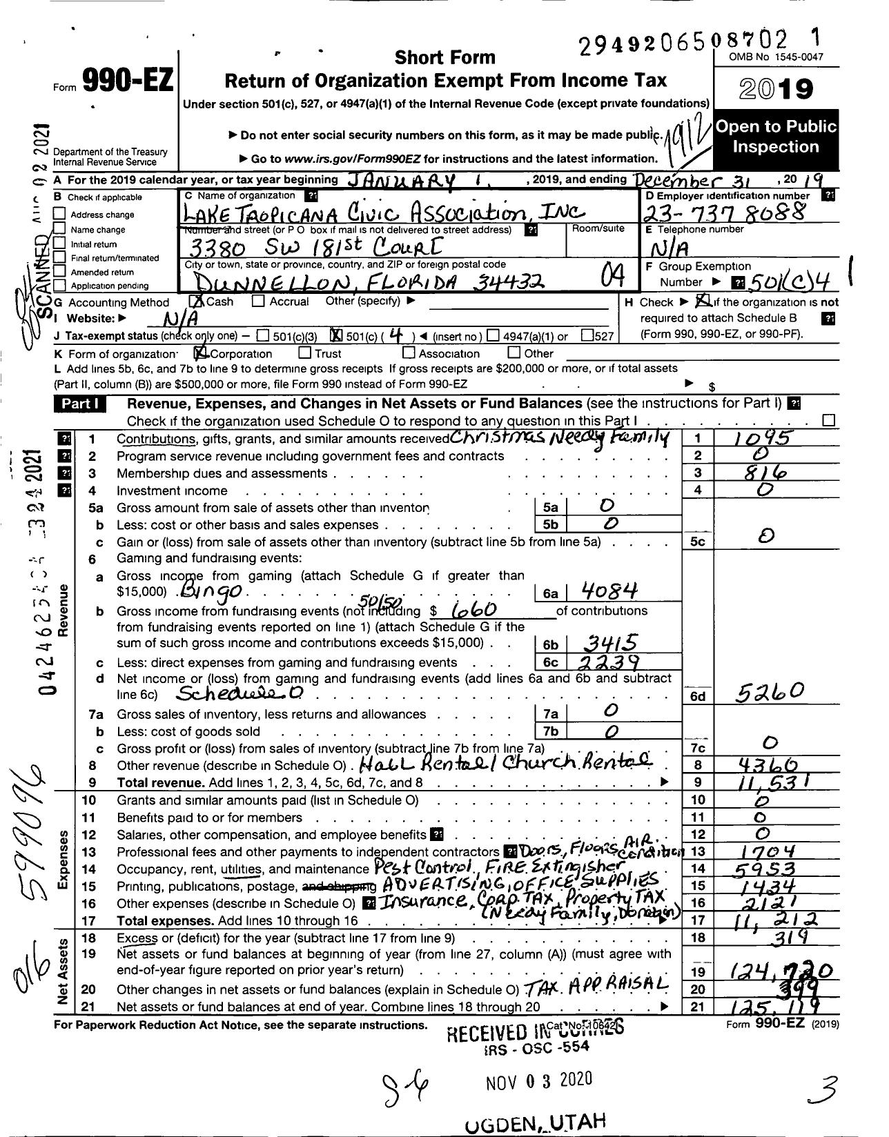Image of first page of 2019 Form 990EO for Lake Tropicana Civic Association