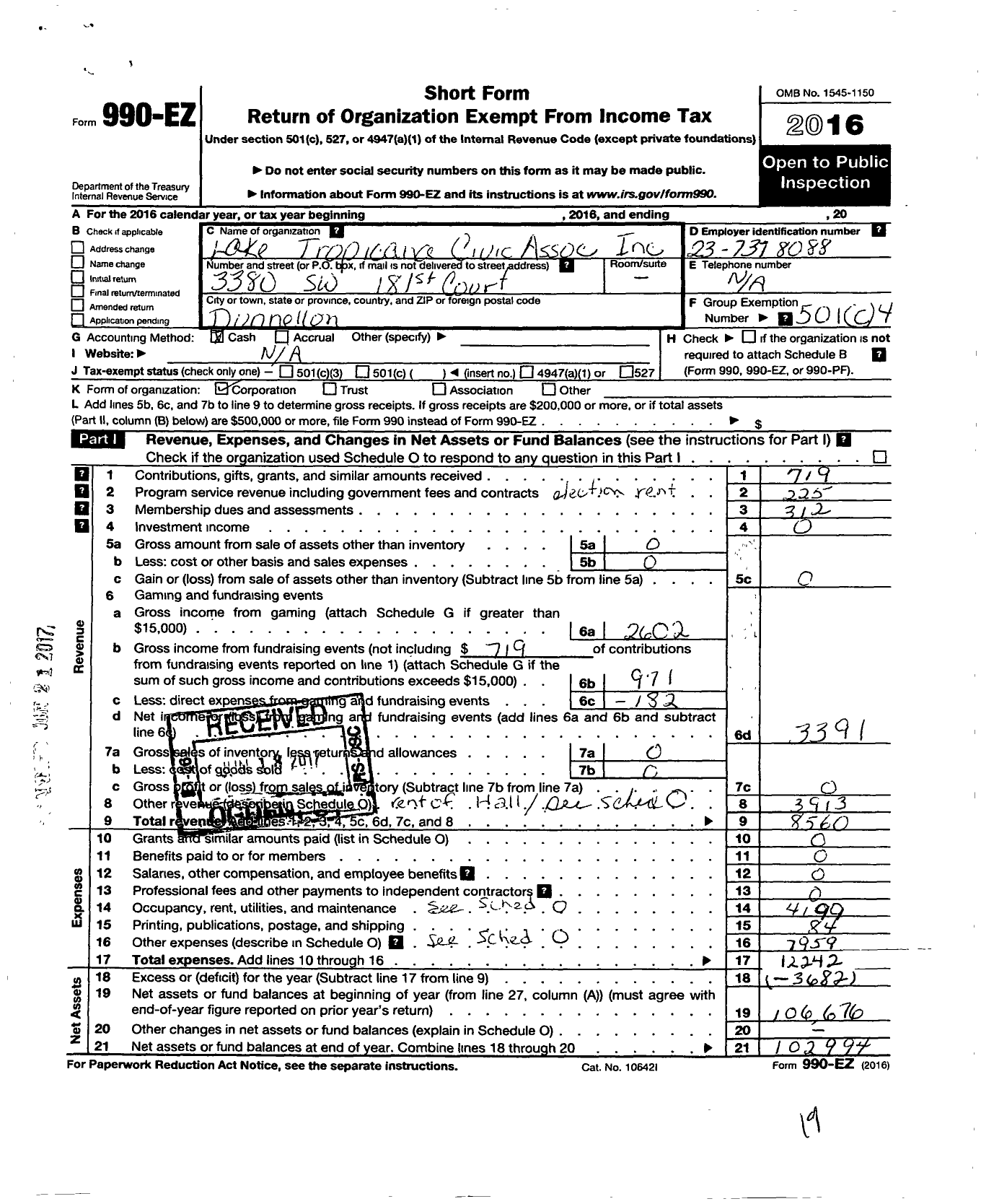Image of first page of 2016 Form 990EO for Lake Tropicana Civic Association