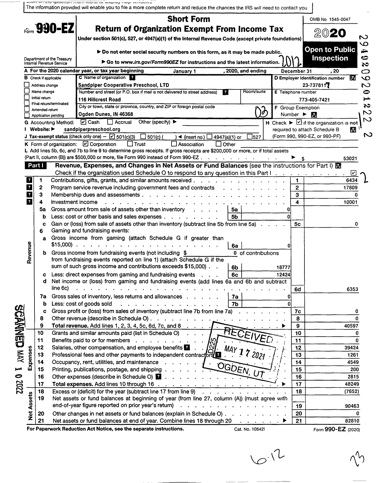 Image of first page of 2020 Form 990EZ for Sandpiper Preschool