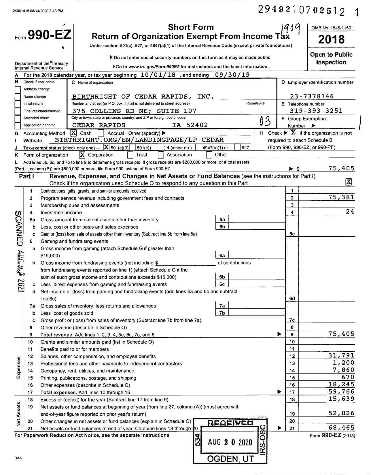 Image of first page of 2018 Form 990EZ for Birthright of Cedar Rapids