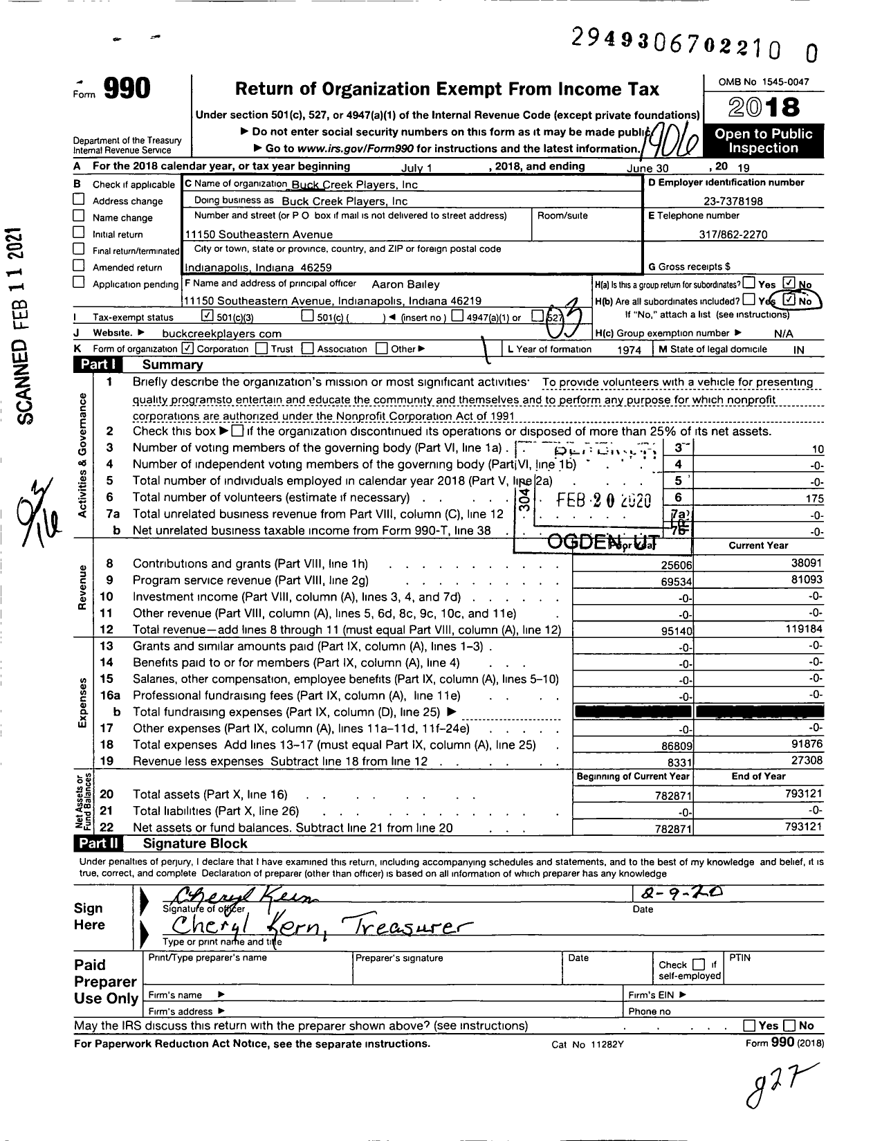 Image of first page of 2018 Form 990 for Buck Creek Players