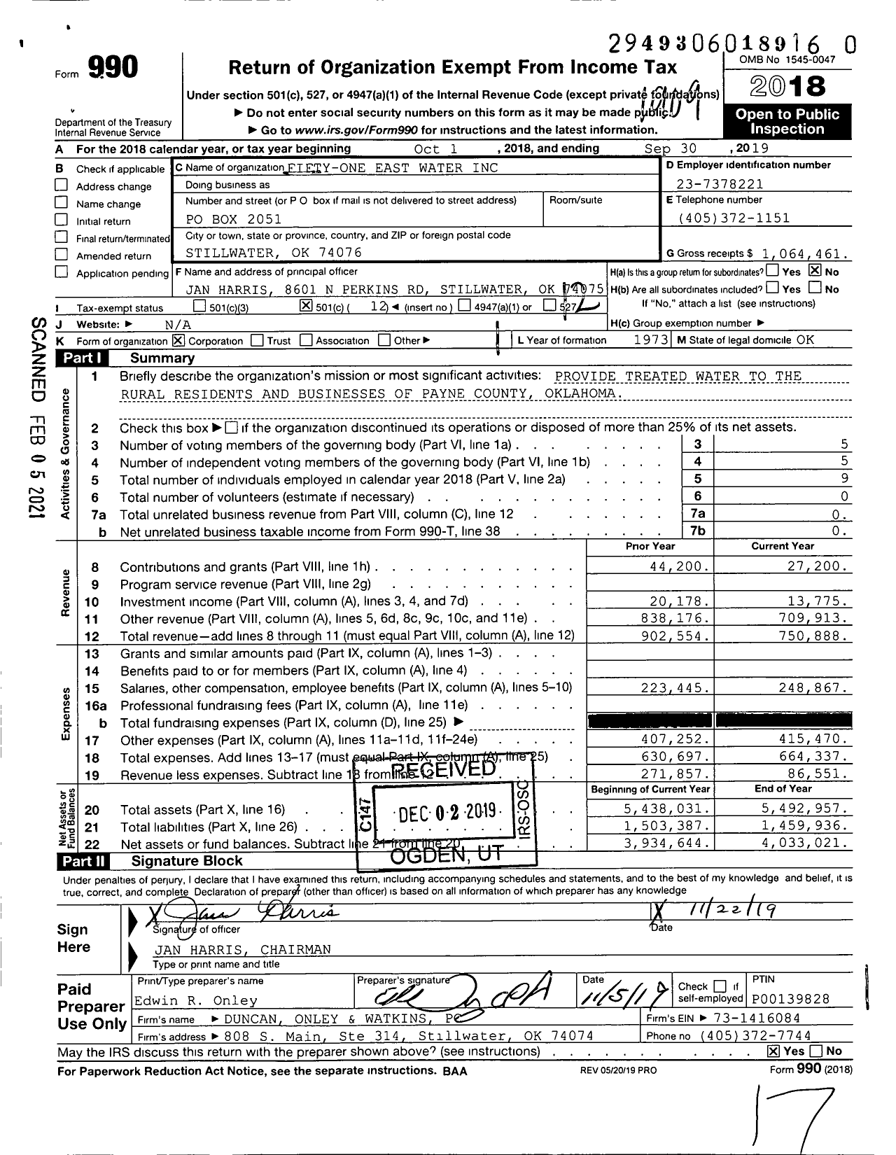 Image of first page of 2018 Form 990O for Fifty-One East Water