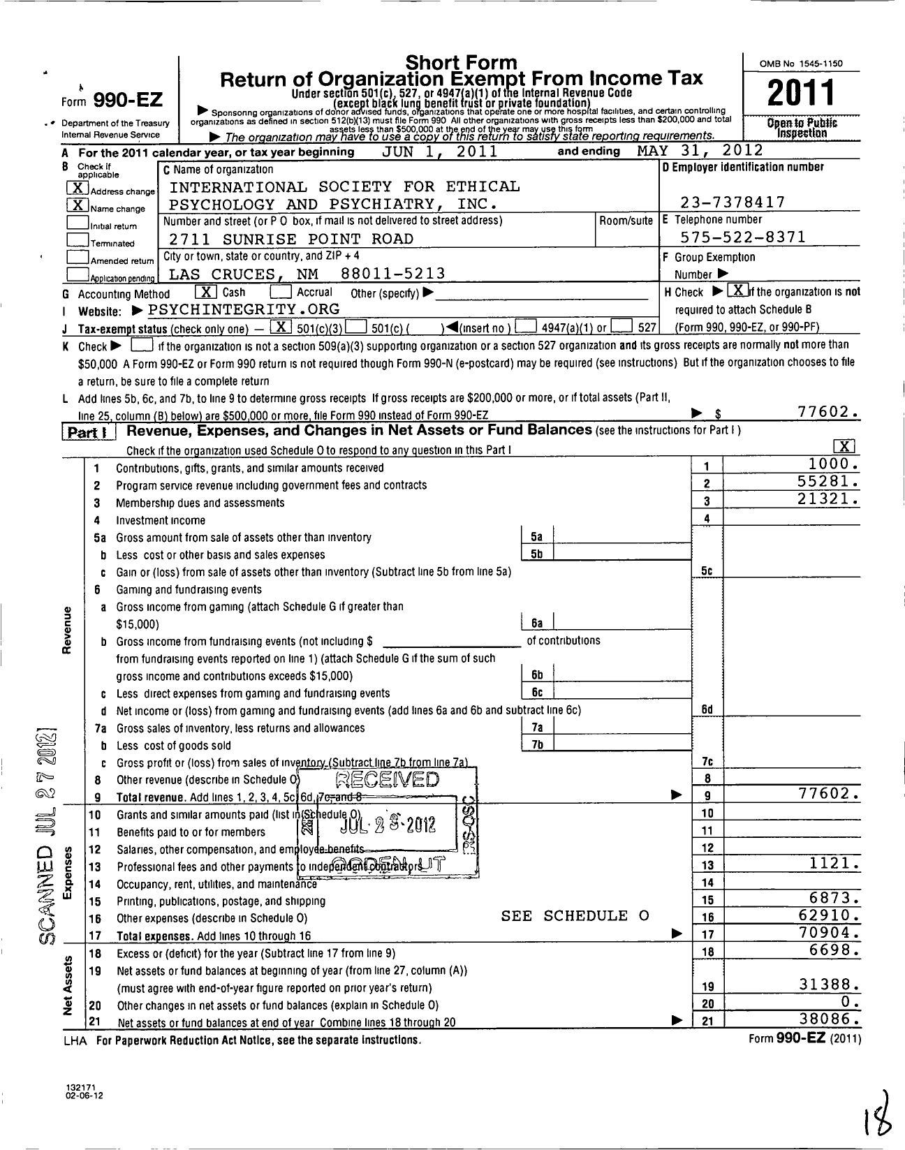 Image of first page of 2011 Form 990EZ for International Society for Ethical Psychology and Psychiatry