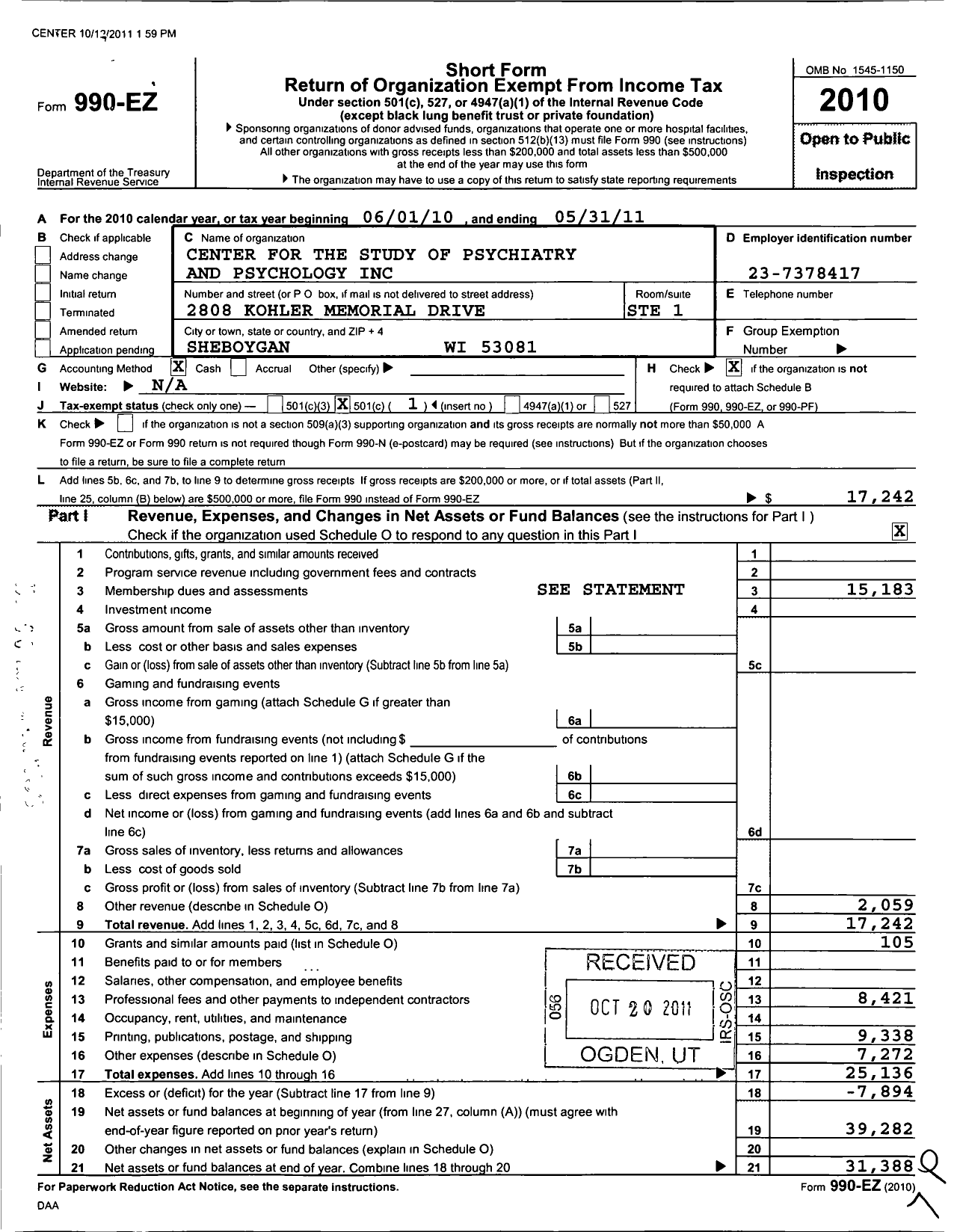 Image of first page of 2010 Form 990EO for International Society for Ethical Psychology and Psychiatry