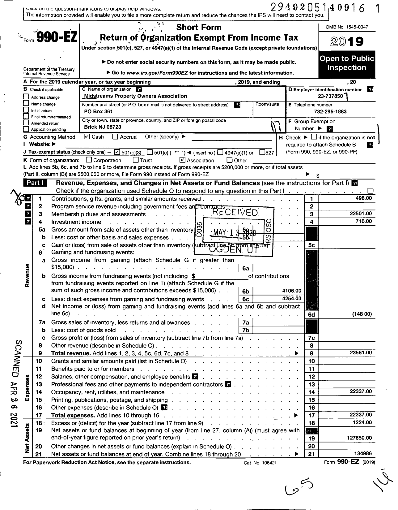 Image of first page of 2019 Form 990EO for Midsteams Property Owners Association