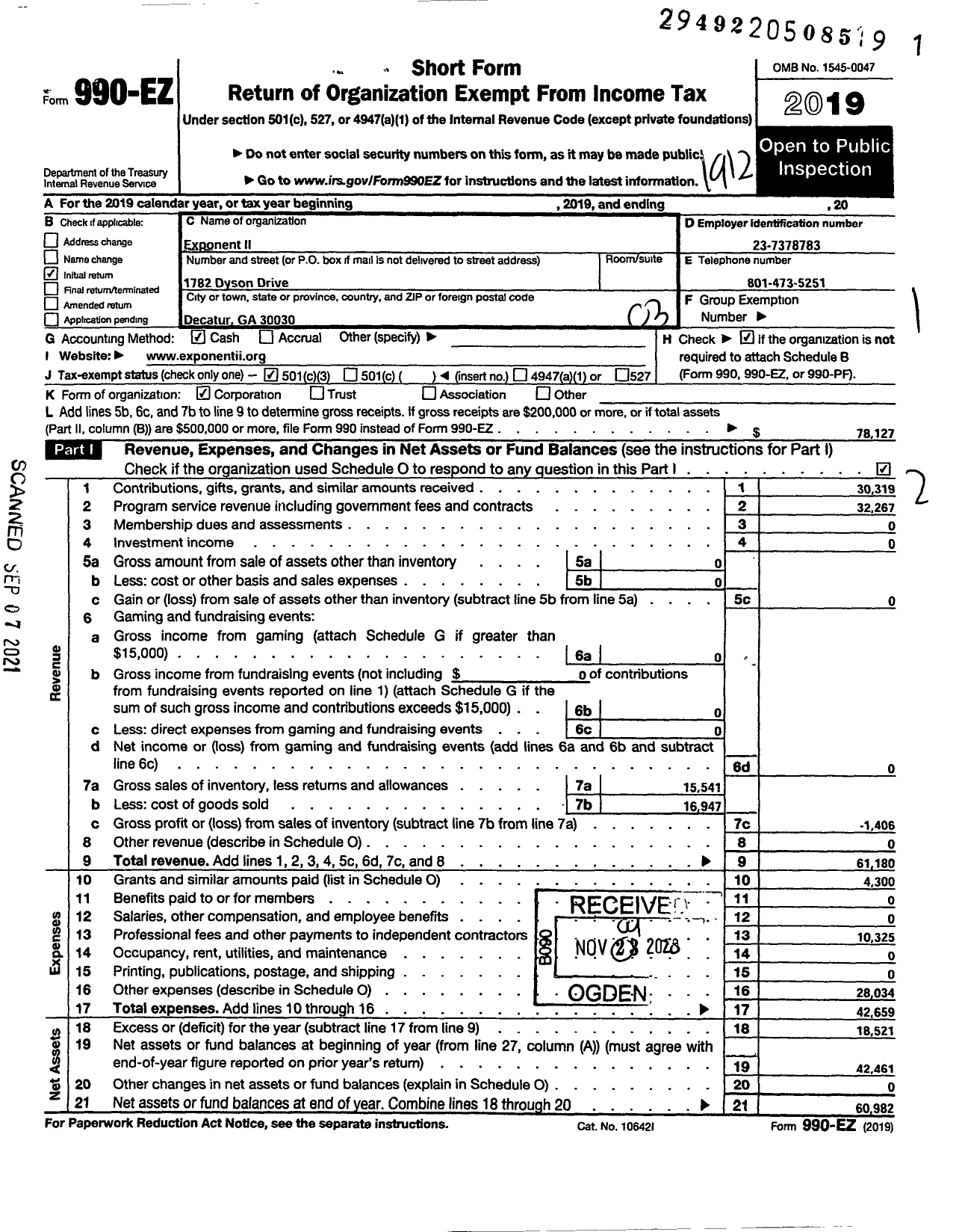 Image of first page of 2019 Form 990EZ for Exponent Ii