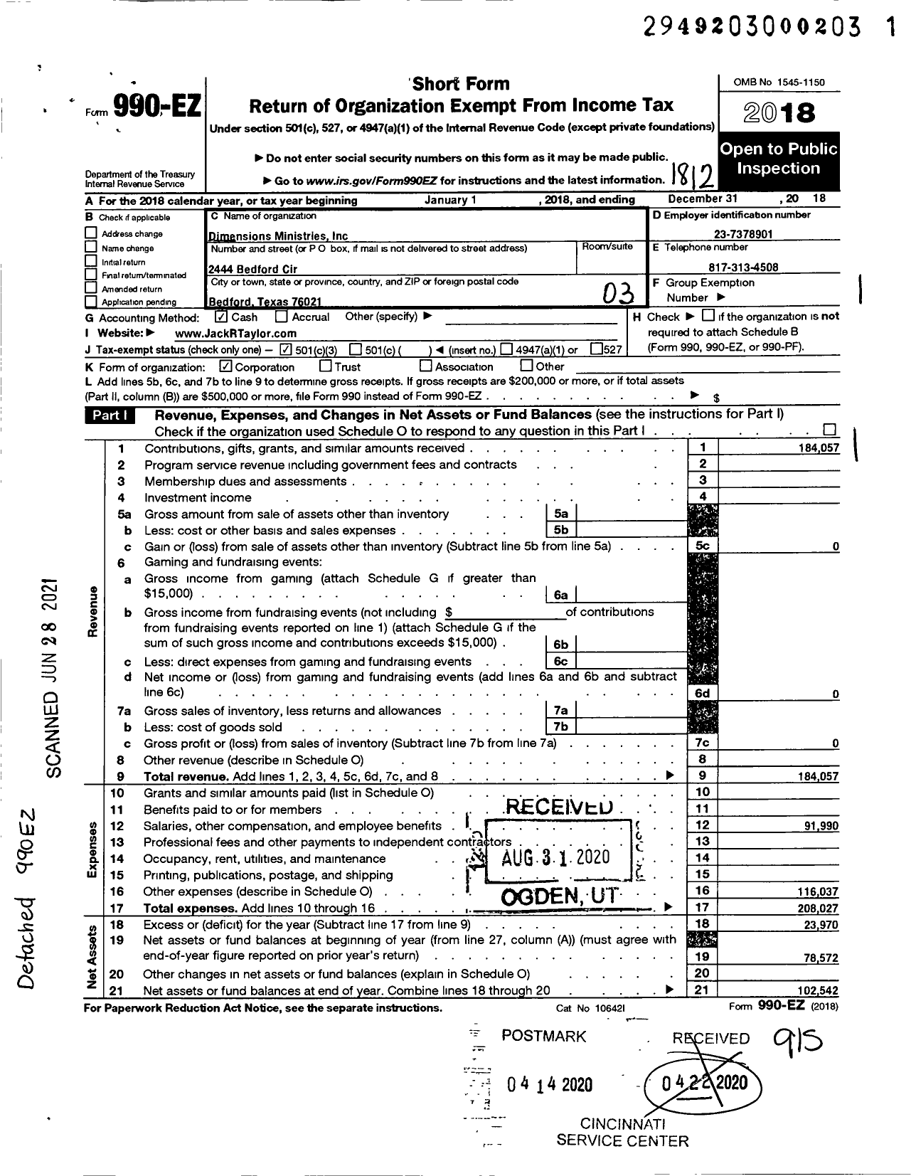 Image of first page of 2018 Form 990EZ for Dimensions Ministries