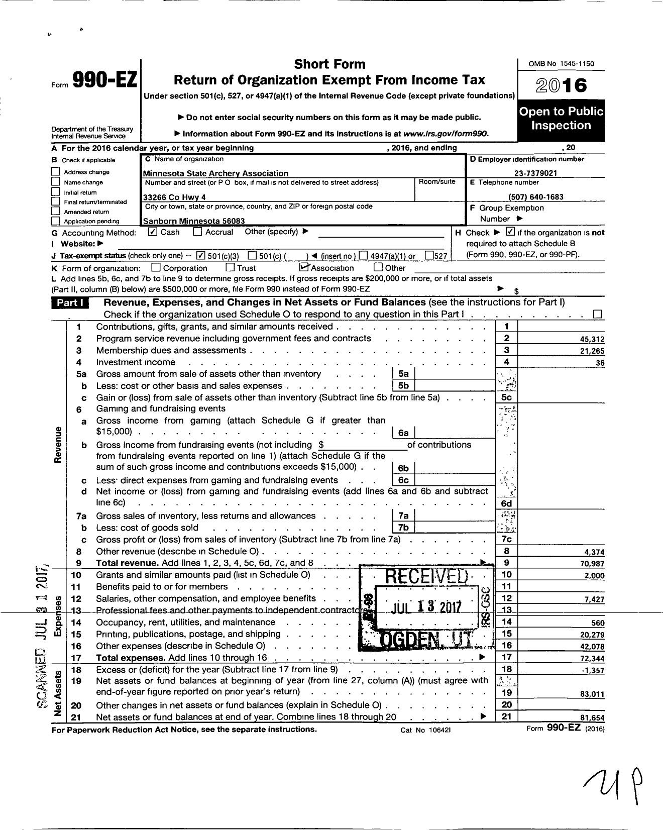 Image of first page of 2016 Form 990EZ for Minnesota State Archery Association