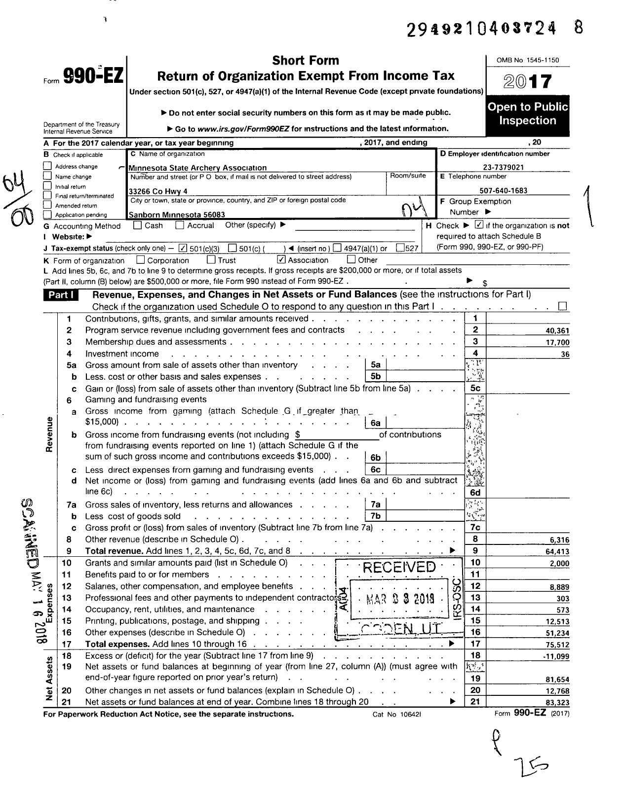 Image of first page of 2017 Form 990EO for Minnesota State Archery Association