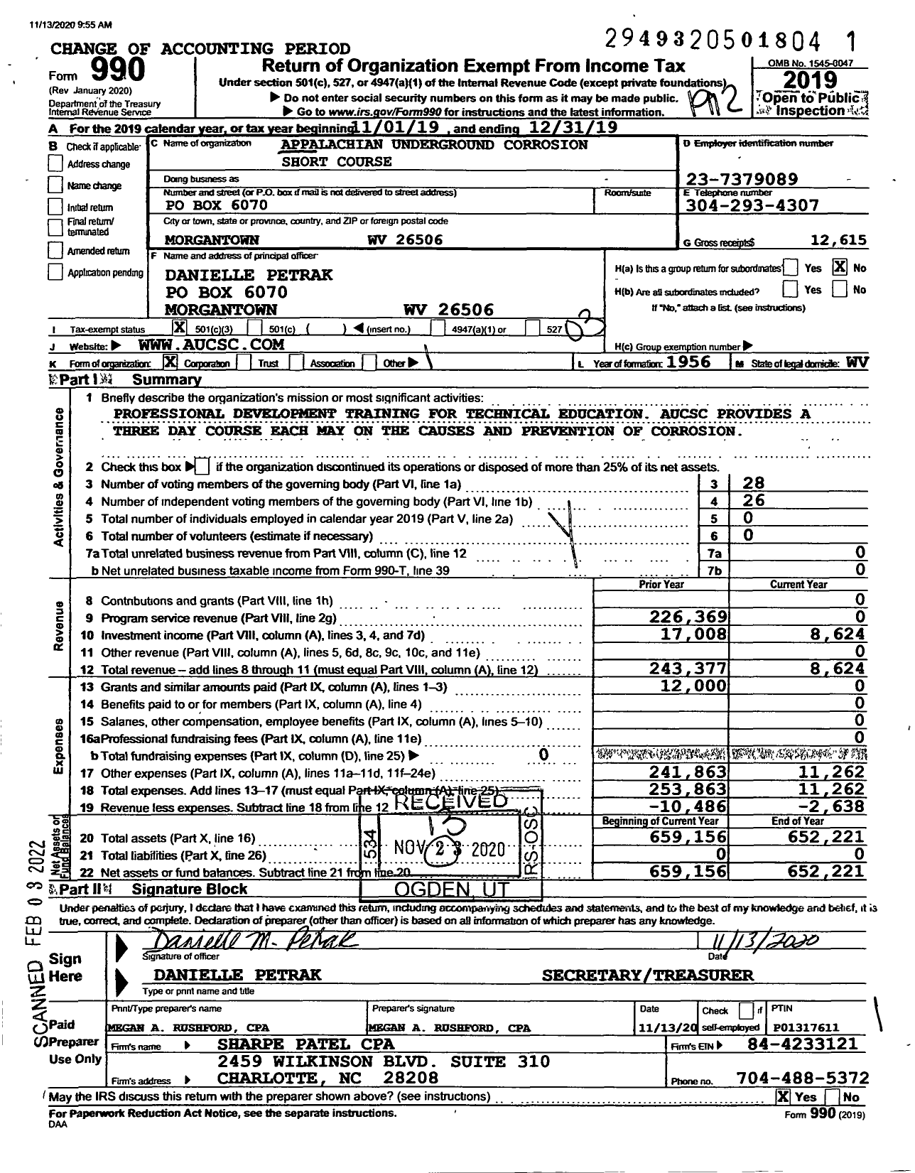 Image of first page of 2019 Form 990 for Appalachian Underground Corrosion Short Course