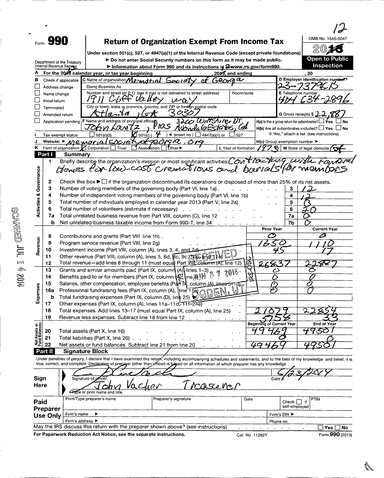 Image of first page of 2012 Form 990O for Memorial Society of Georgia