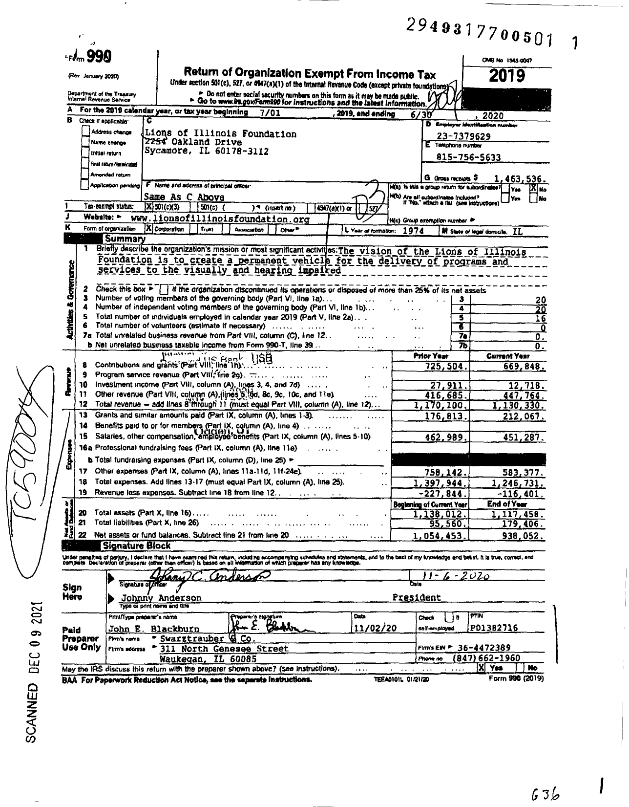 Image of first page of 2019 Form 990 for Lions of Illinois Foundation