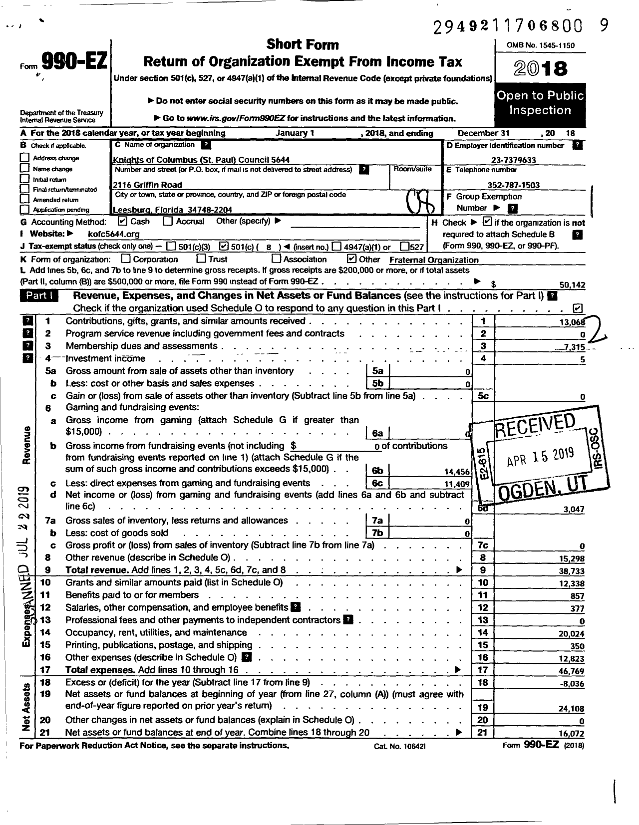 Image of first page of 2018 Form 990EO for Knights of Columbus - 5644 Lake County Council