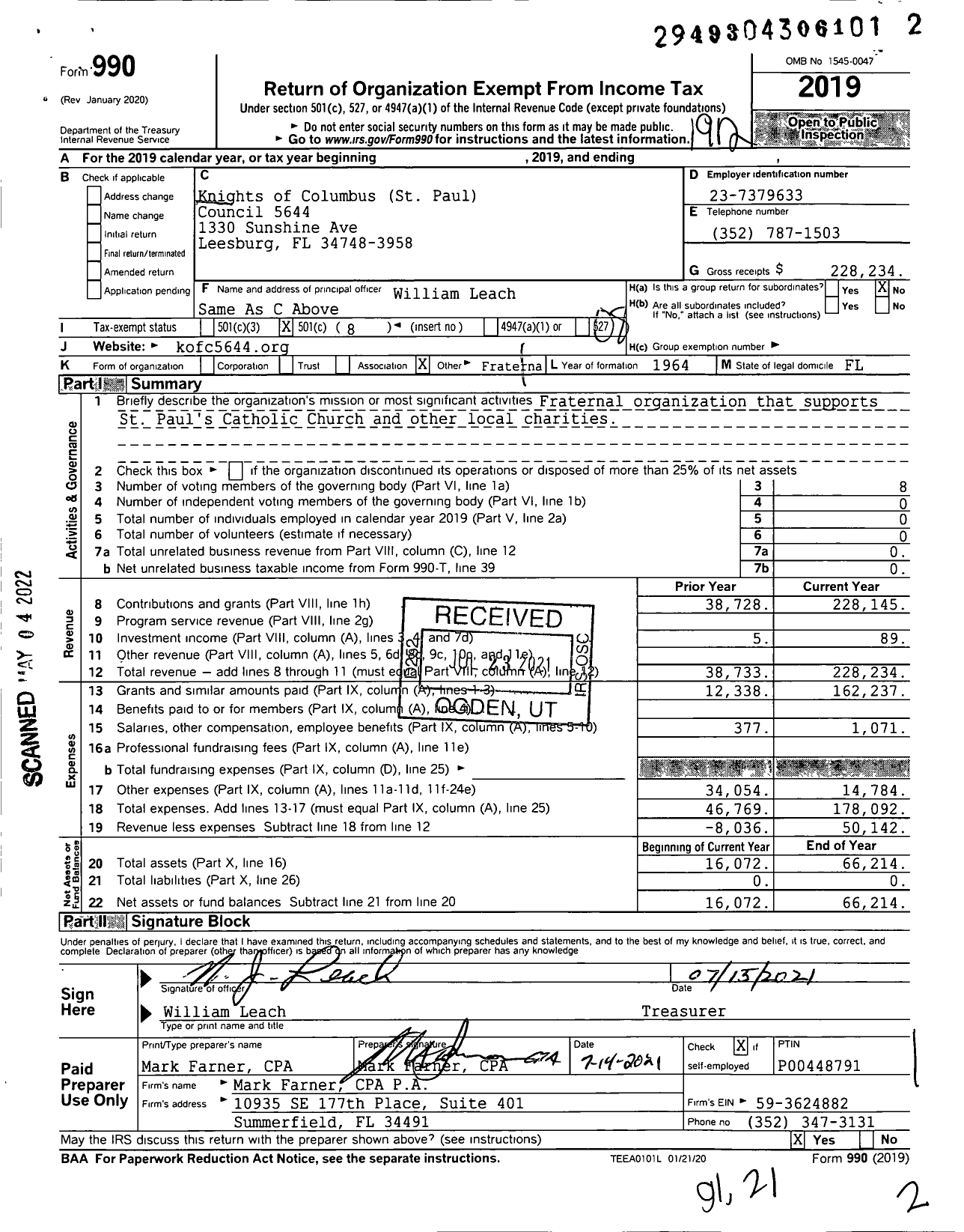 Image of first page of 2019 Form 990O for Knights of Columbus - 5644 Lake County Council