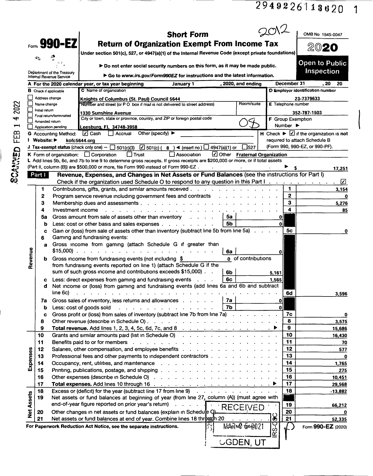 Image of first page of 2020 Form 990EO for Knights of Columbus - 5644 Lake County Council