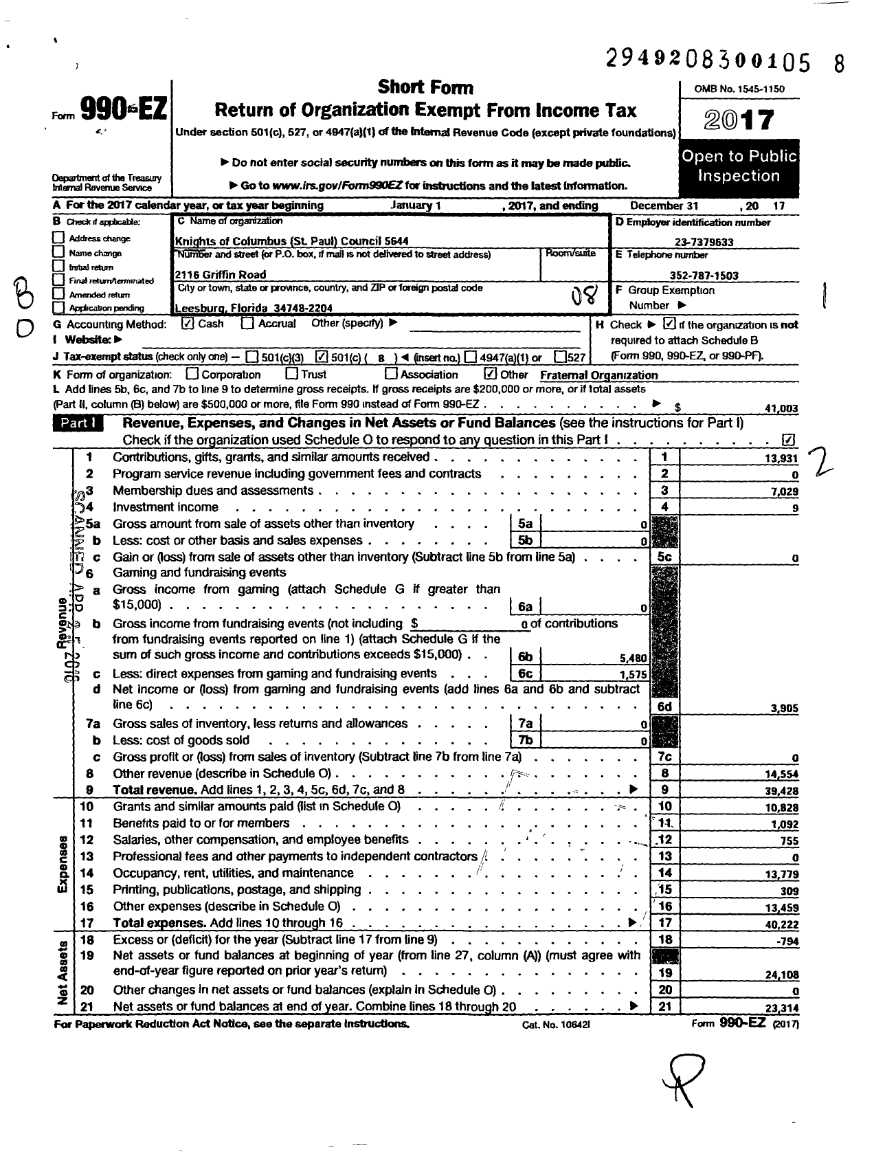 Image of first page of 2017 Form 990EO for Knights of Columbus - 5644 Lake County Council