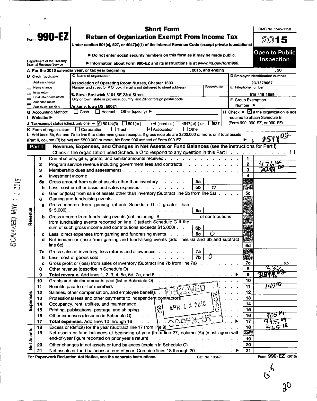 Image of first page of 2015 Form 990EZ for Association of Operating Room Nurses - 1603 Central Hawkeye