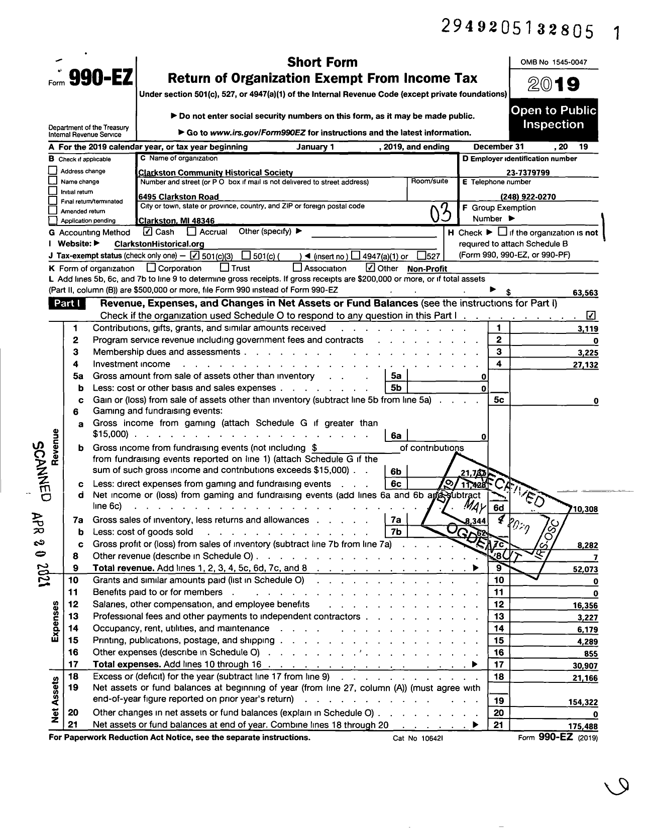 Image of first page of 2019 Form 990EZ for Clarkston Community Historical Society