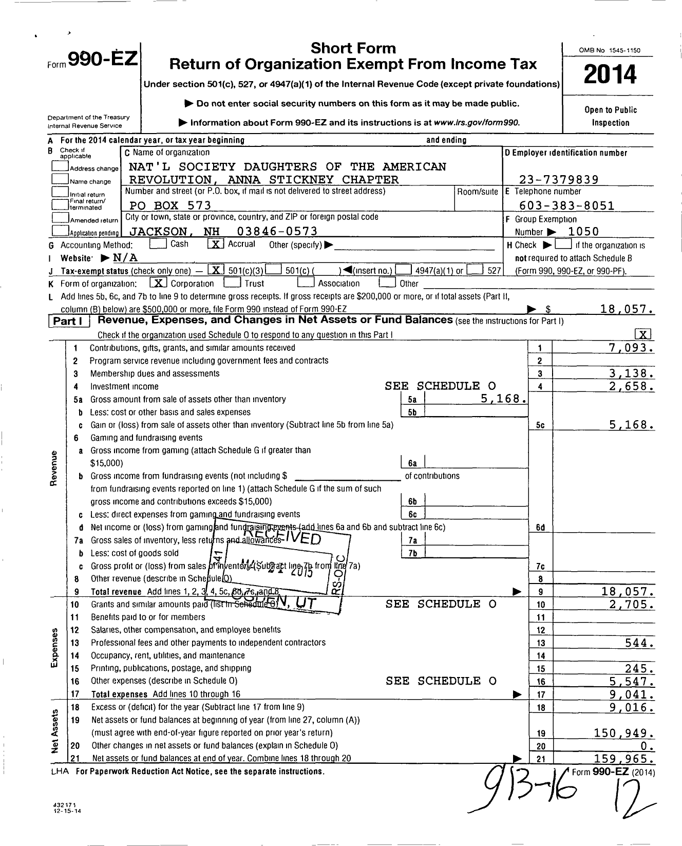 Image of first page of 2014 Form 990EZ for National Society of the Daughters of the American Revolution