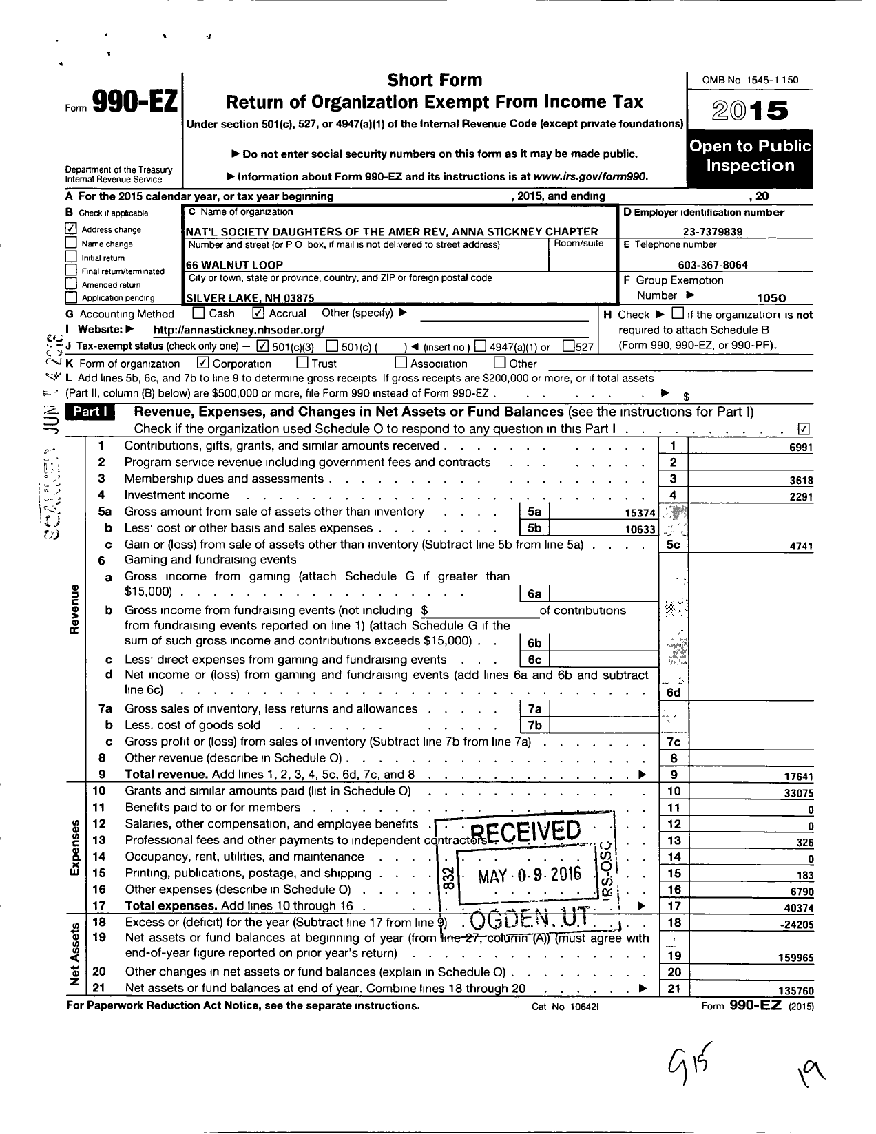 Image of first page of 2015 Form 990EZ for National Society of the Daughters of the American Revolution