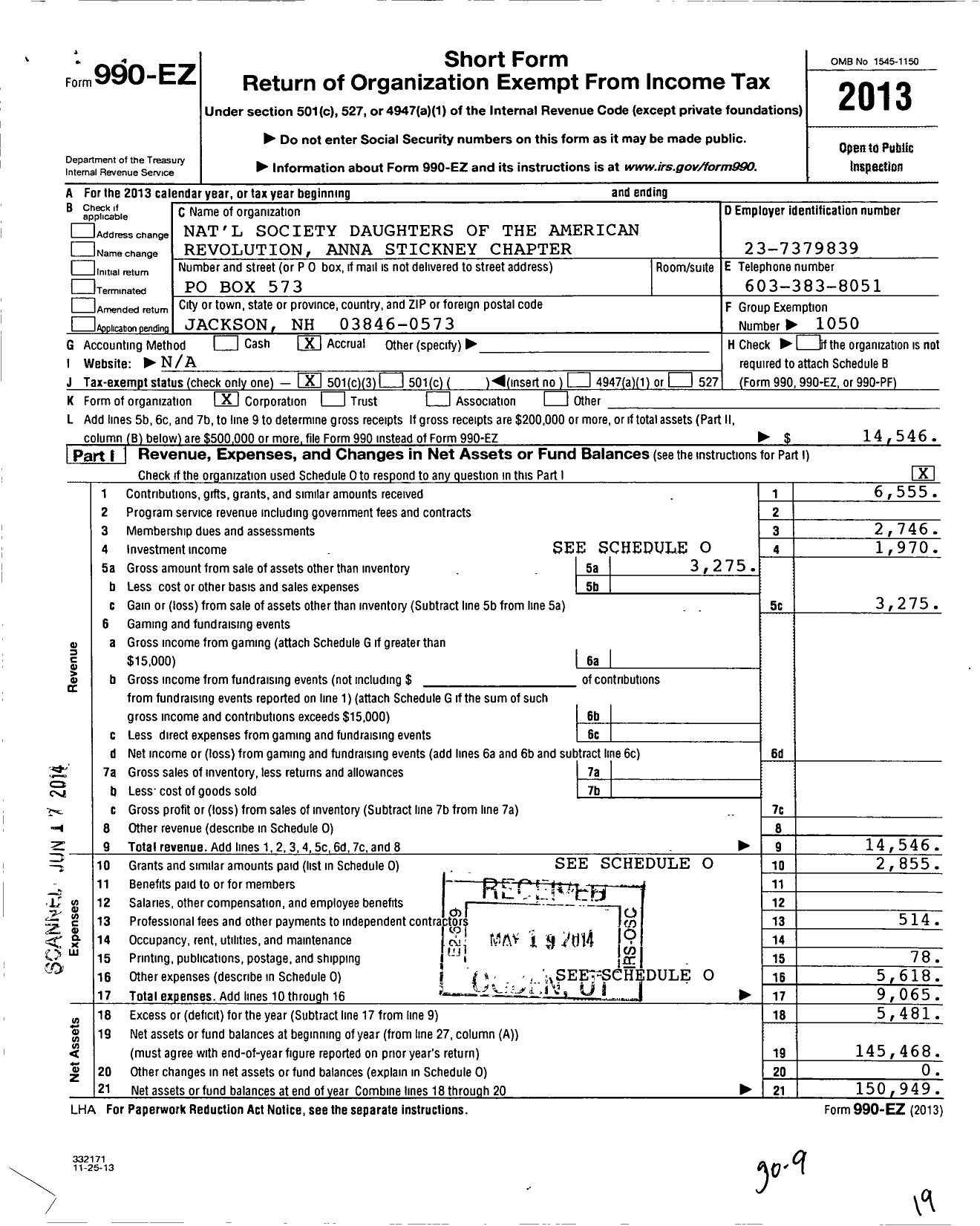 Image of first page of 2013 Form 990EZ for National Society of the Daughters of the American Revolution