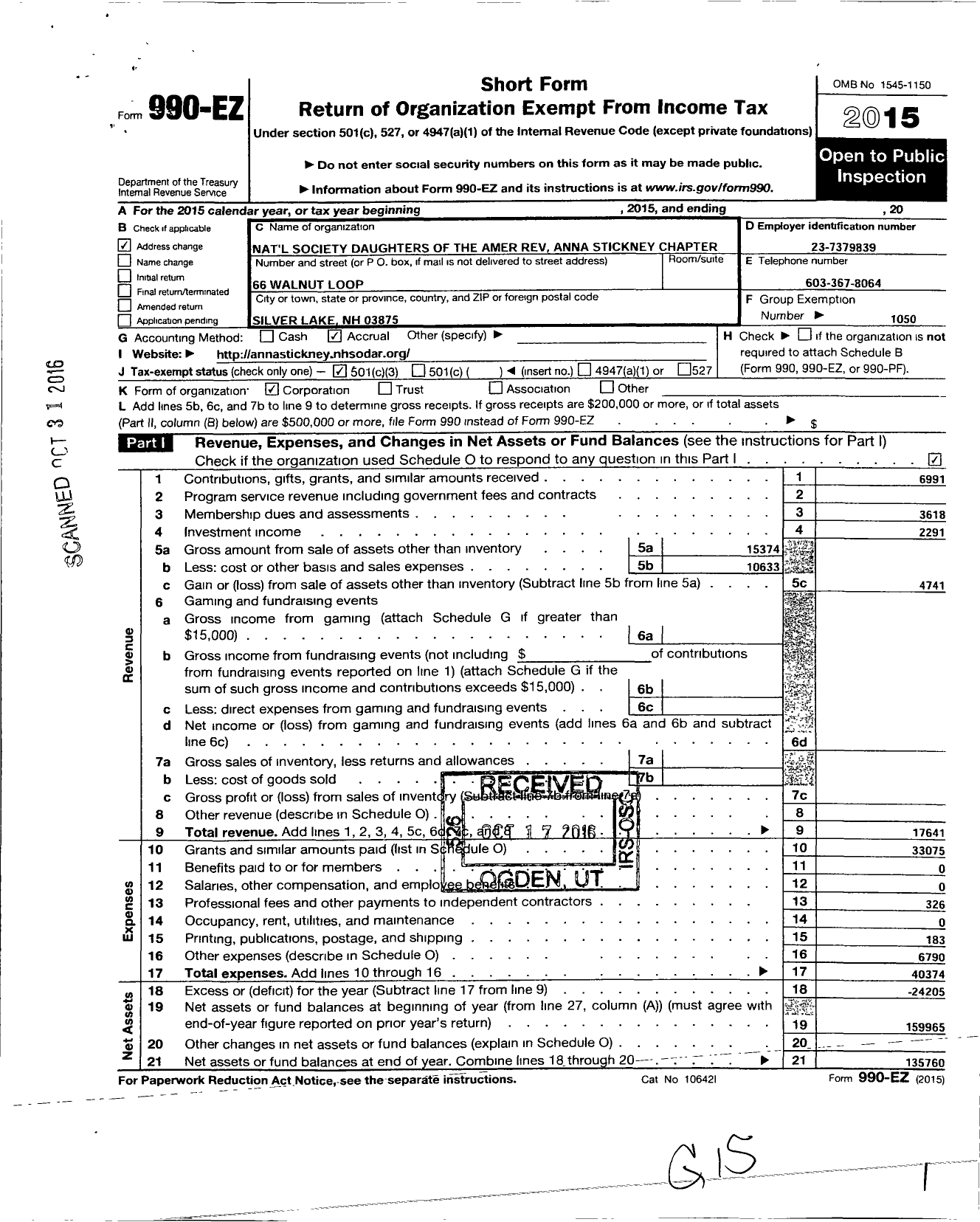 Image of first page of 2015 Form 990EZ for National Society of the Daughters of the American Revolution