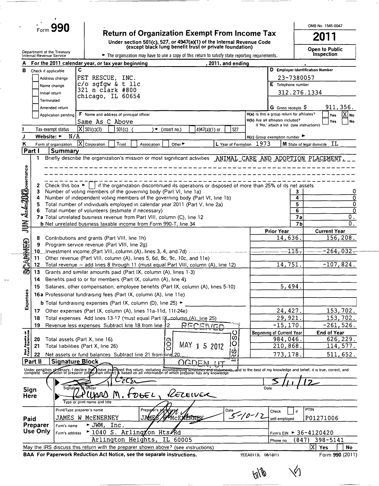 Image of first page of 2011 Form 990 for Pet Rescue