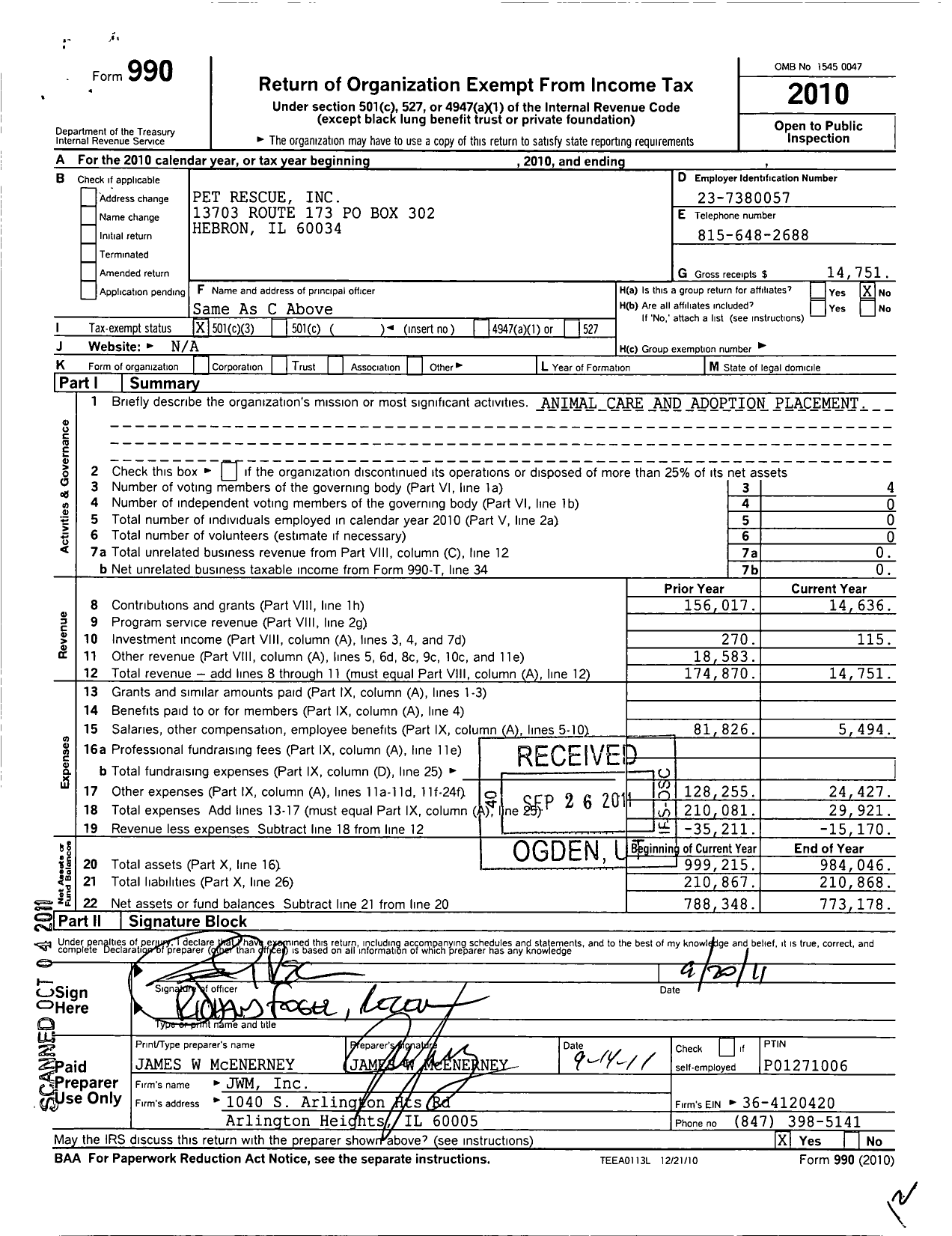 Image of first page of 2010 Form 990 for Pet Rescue