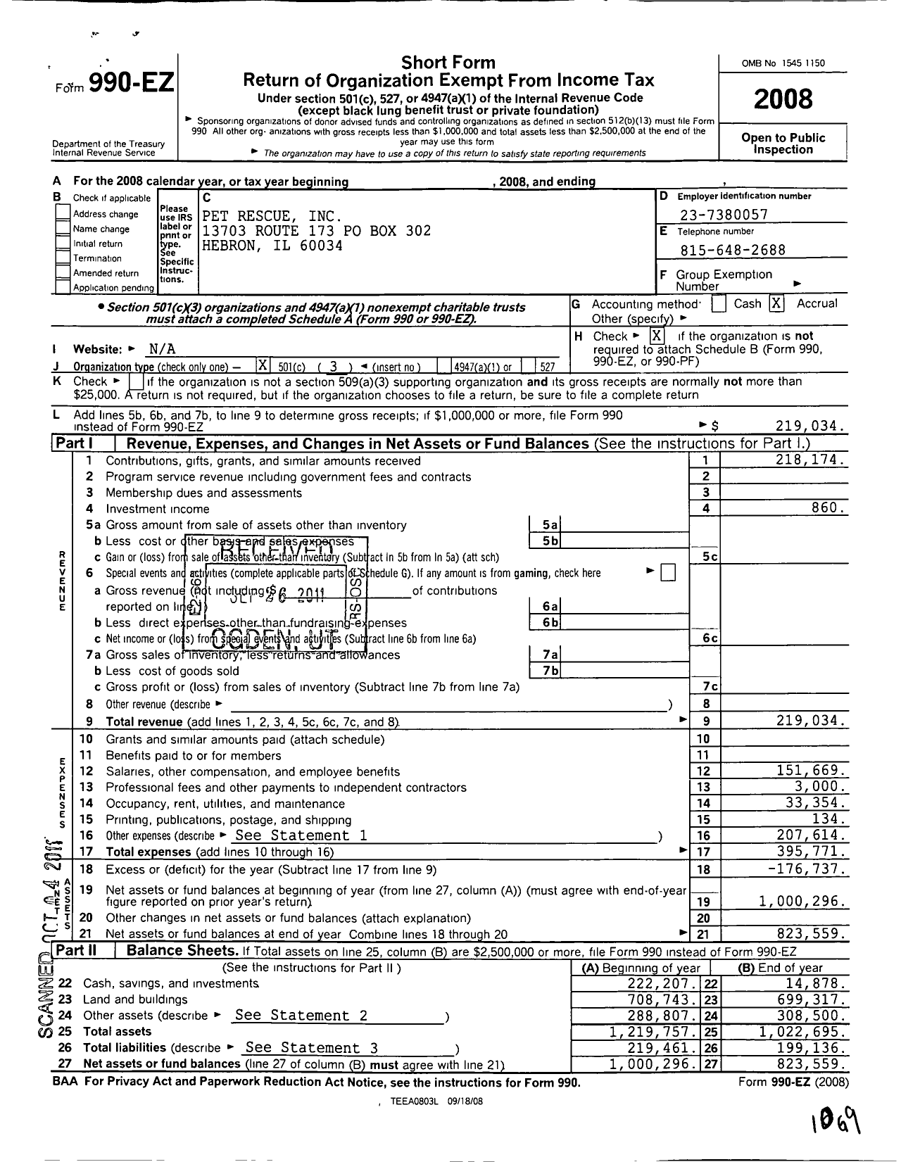 Image of first page of 2008 Form 990EZ for Pet Rescue