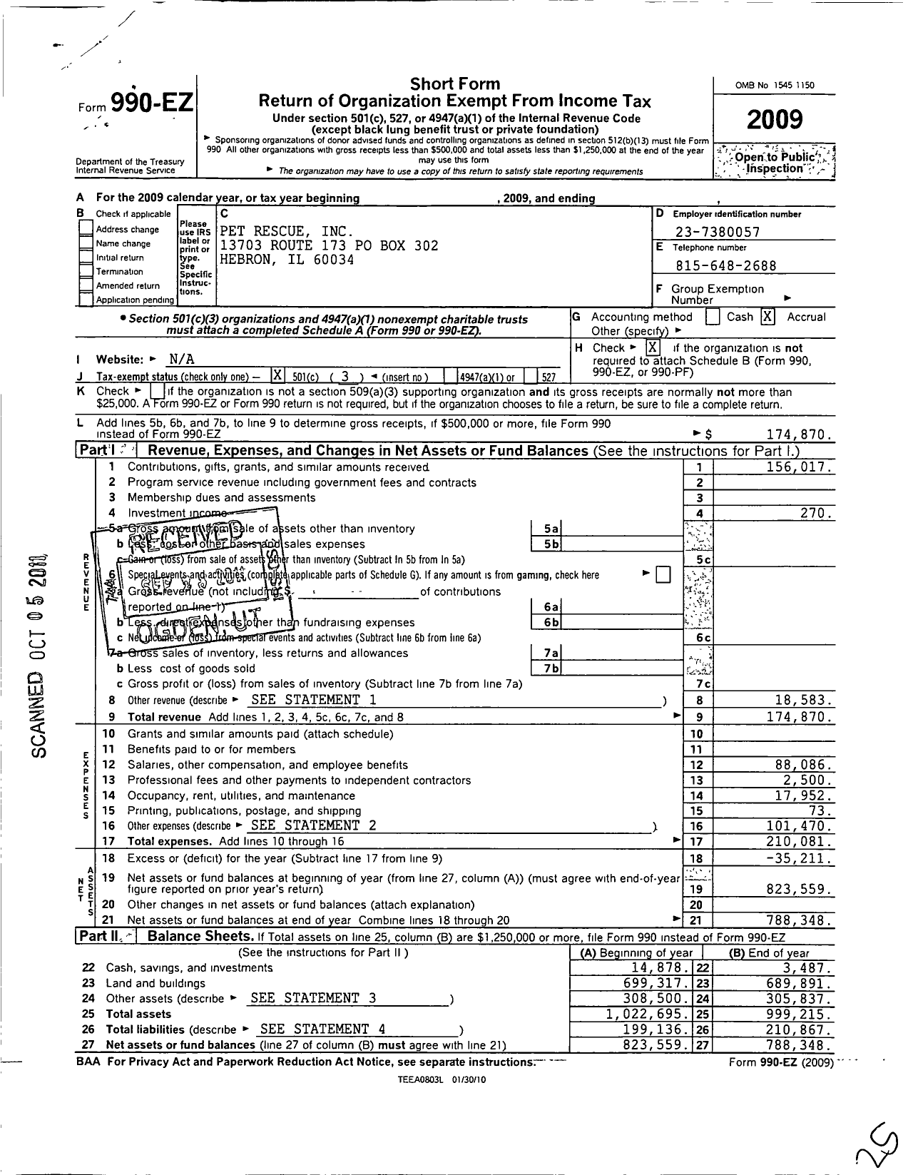 Image of first page of 2009 Form 990EZ for Pet Rescue