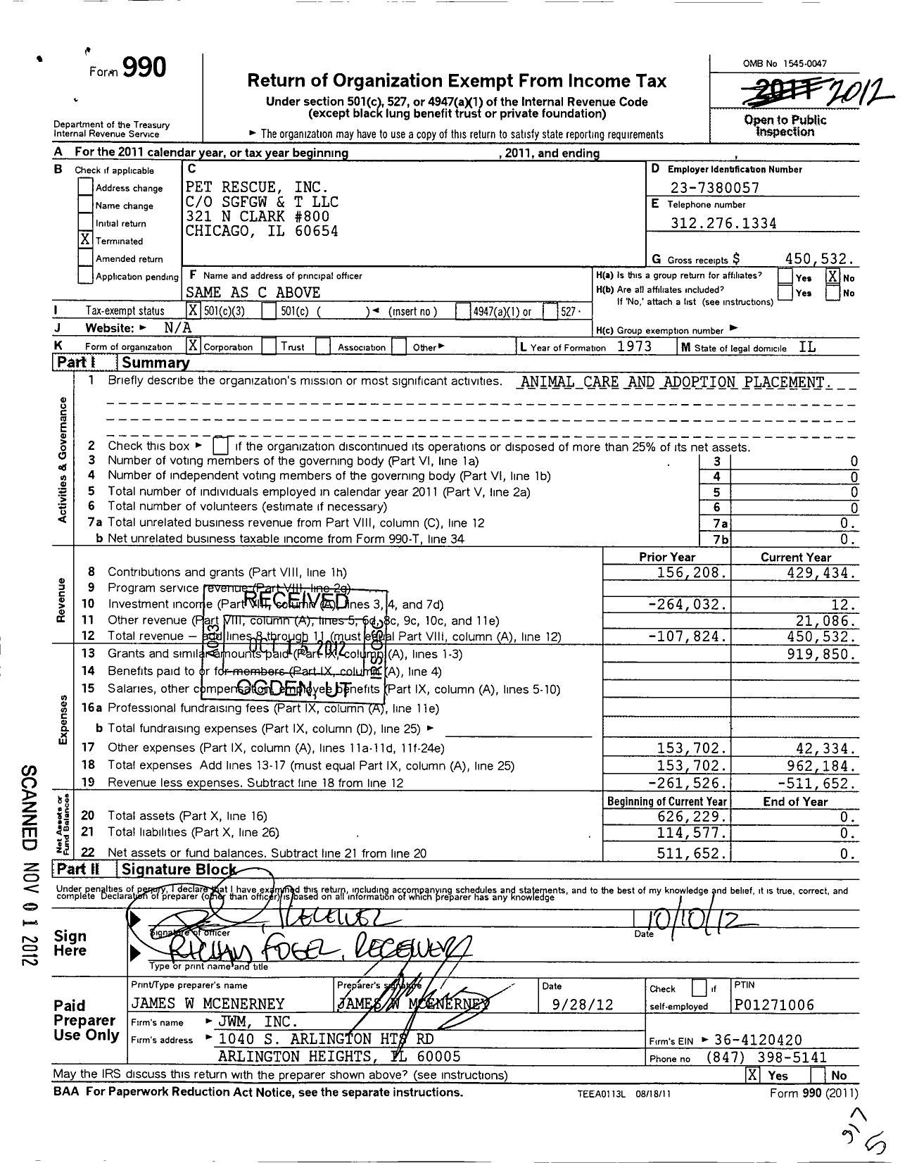 Image of first page of 2012 Form 990 for Pet Rescue