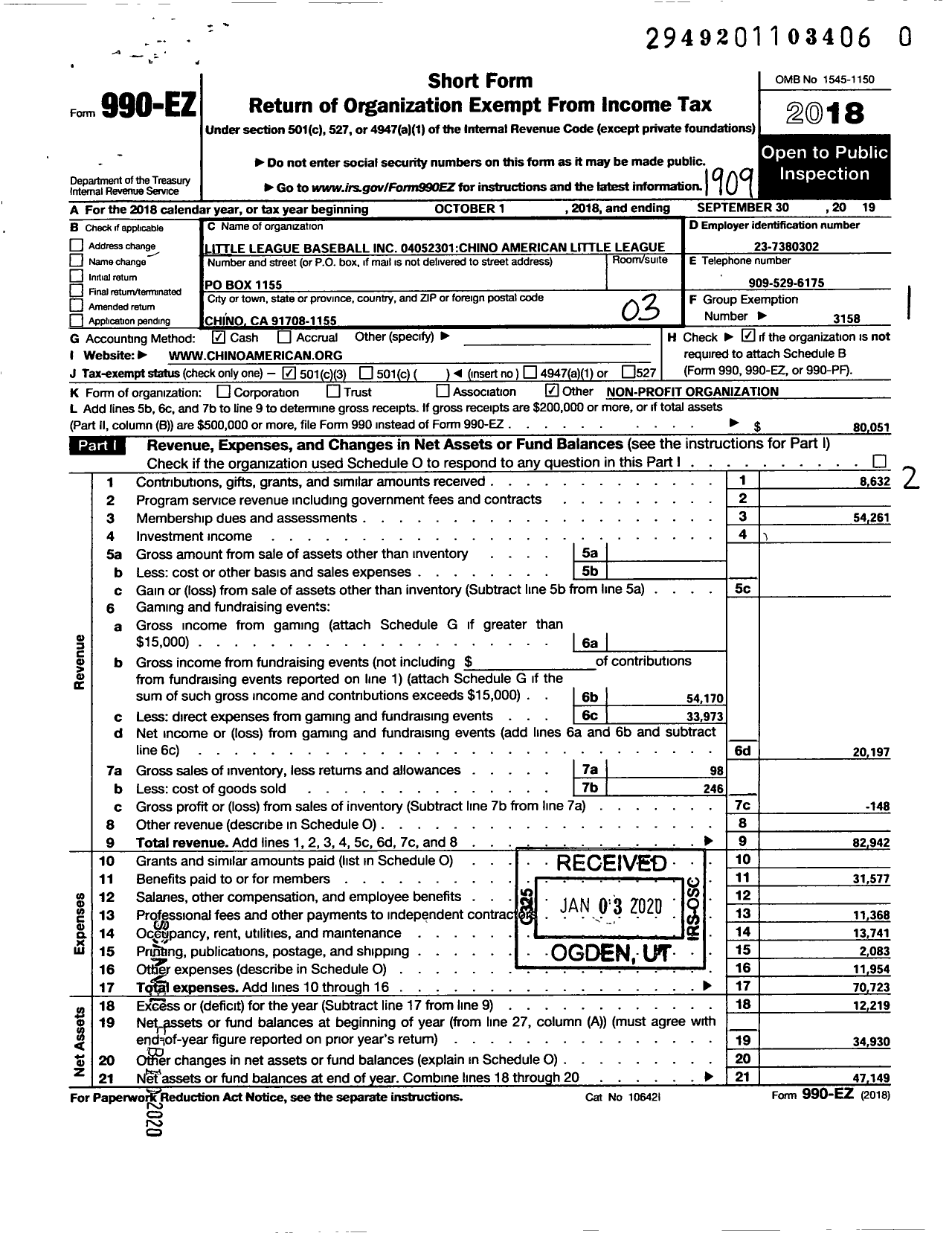 Image of first page of 2018 Form 990EZ for Little League Baseball - 4052301 Chino American LL
