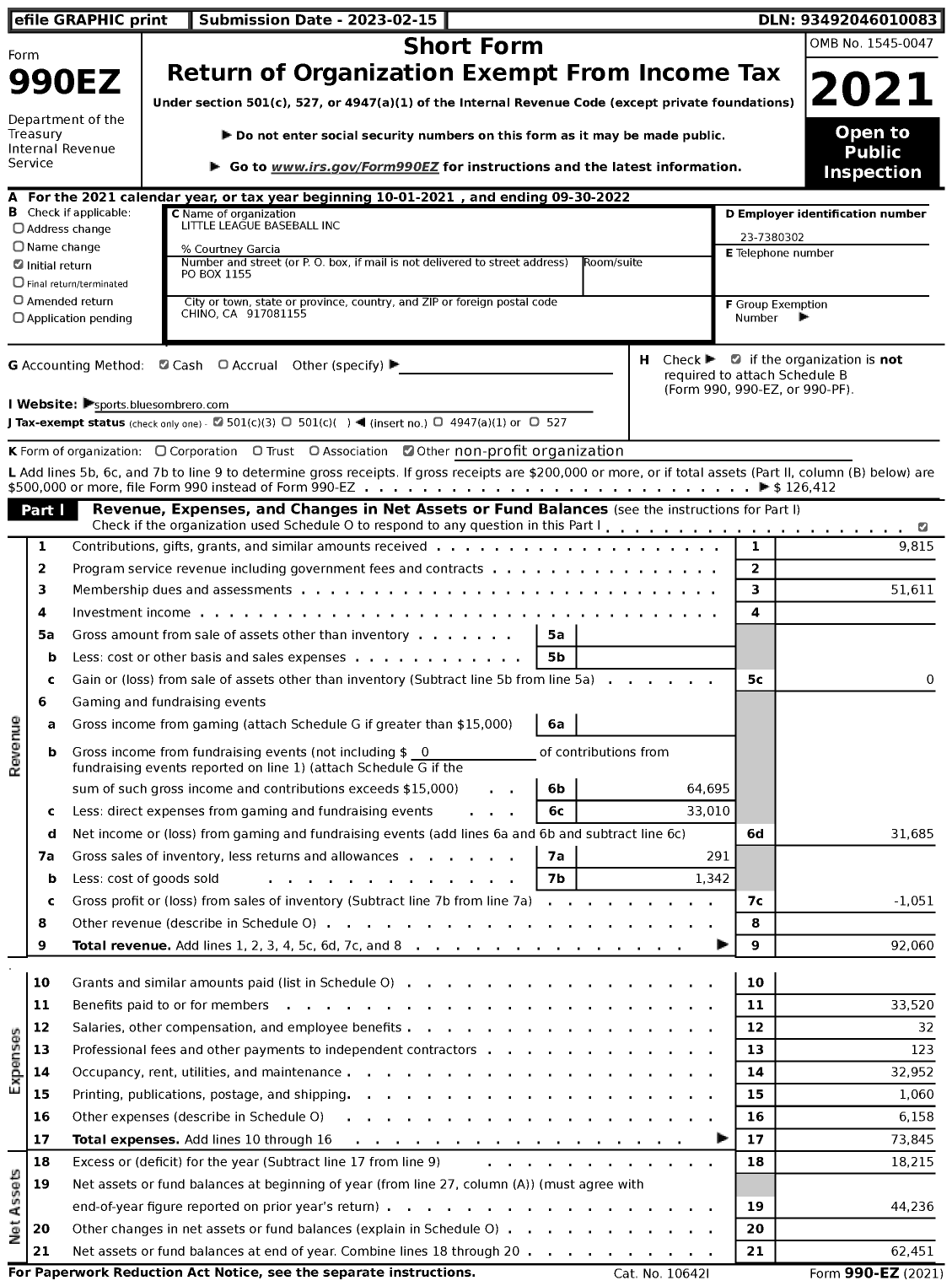 Image of first page of 2021 Form 990EZ for Little League Baseball - 4052301 Chino American LL