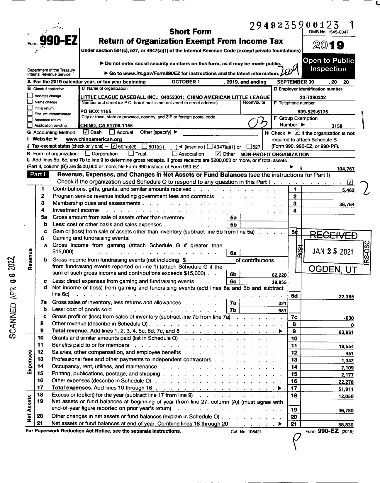 Image of first page of 2019 Form 990EZ for Little League Baseball - 4052301 Chino American LL