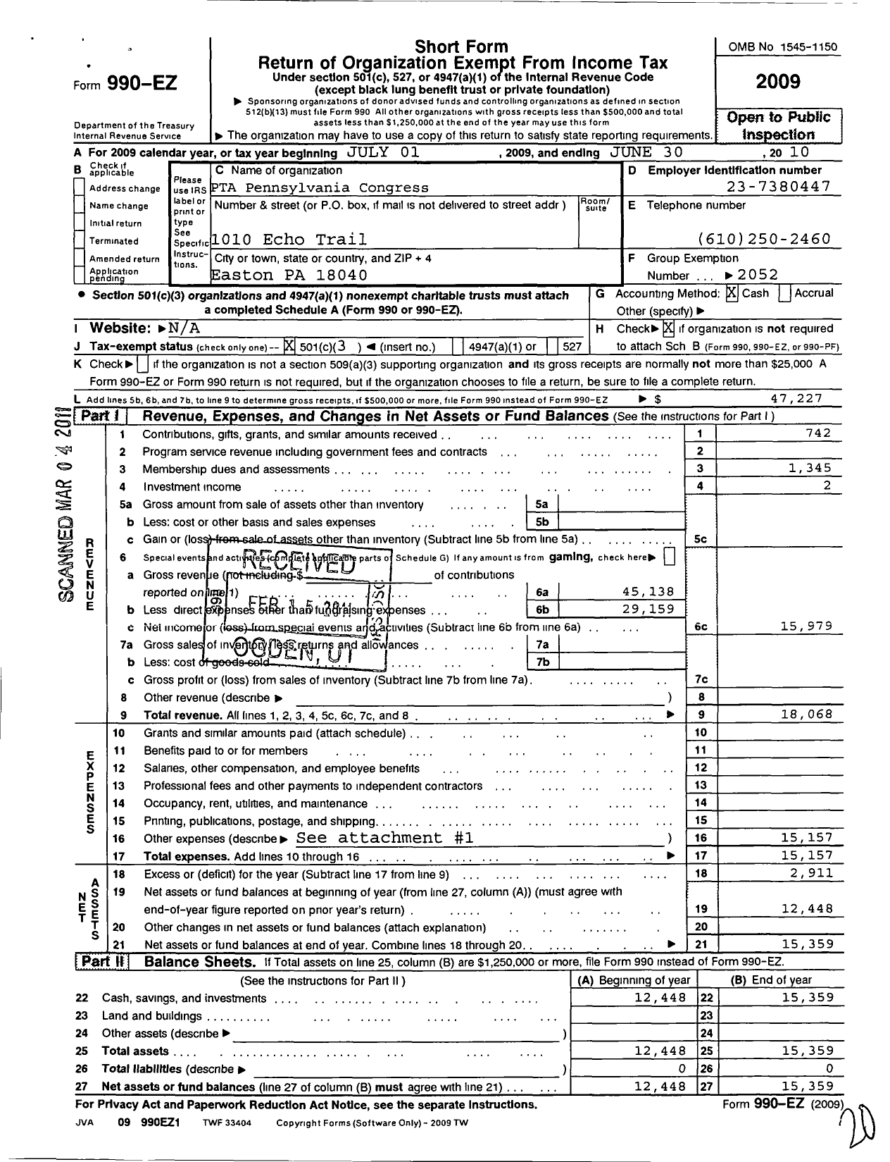 Image of first page of 2009 Form 990EZ for PTA Pennsylvania Congress / Easton Area Middle School PTA