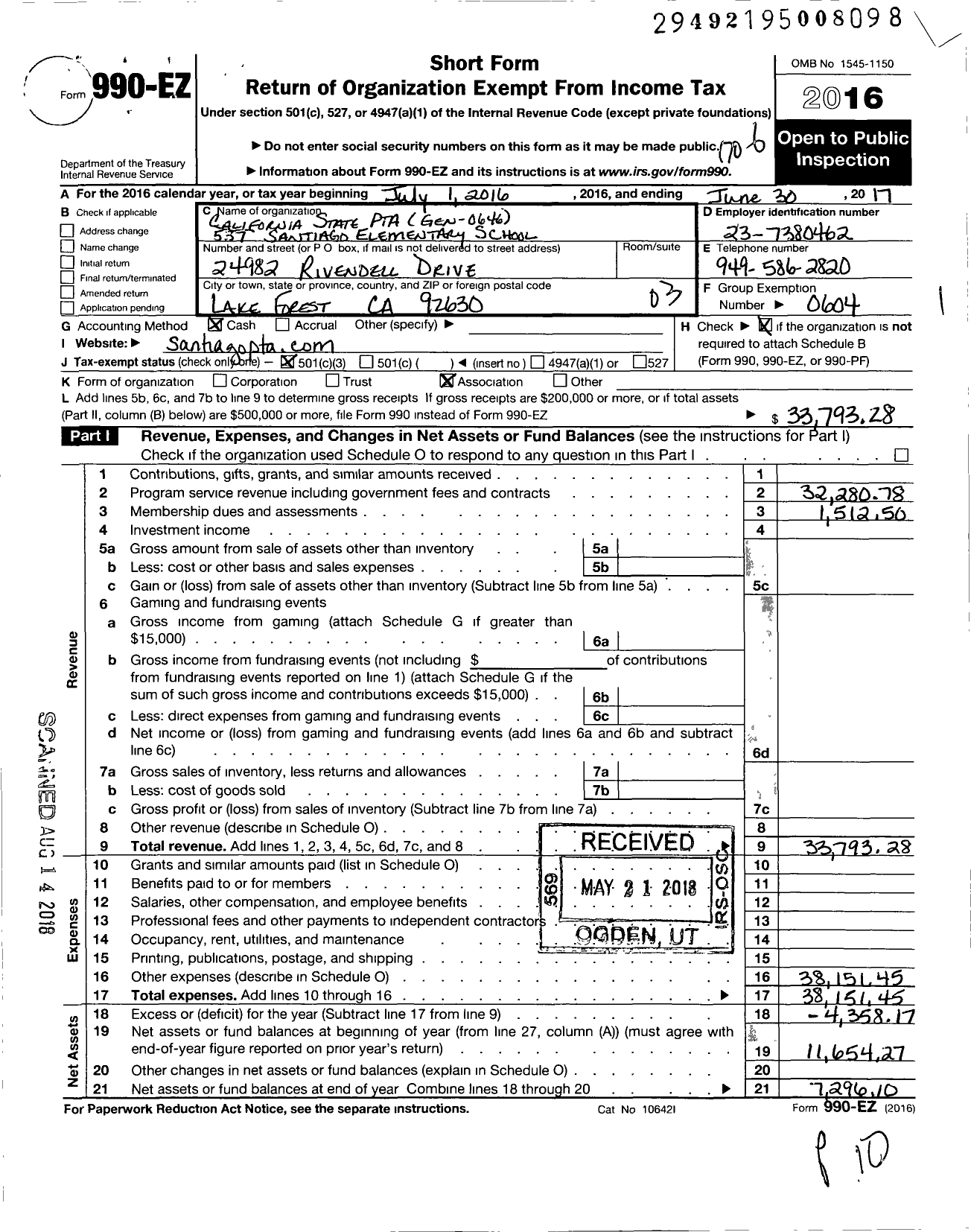 Image of first page of 2016 Form 990EZ for California State PTA - 537 Santiago Elementary PTA