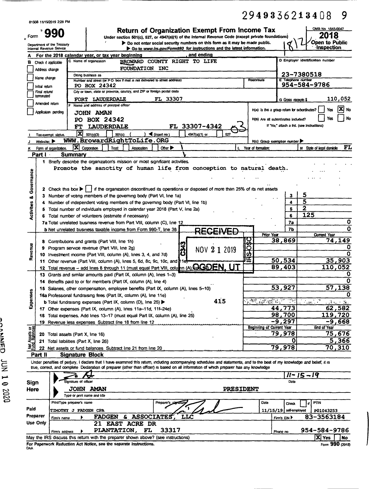 Image of first page of 2018 Form 990 for Broward County Right To Life Foundation