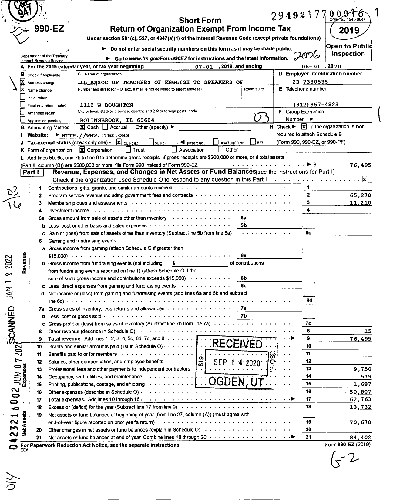 Image of first page of 2019 Form 990EZ for Illinois Association of Teachers of English To