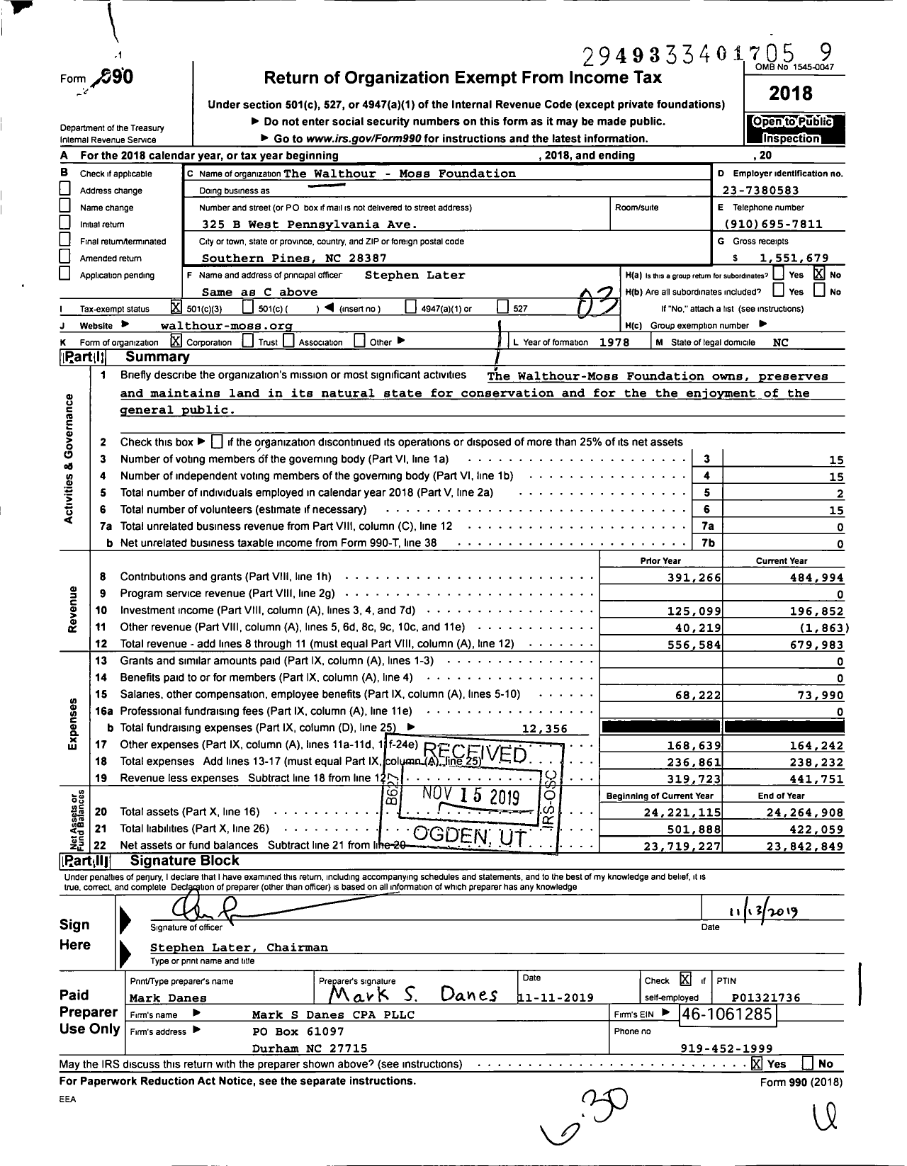 Image of first page of 2018 Form 990 for The Walthour - Moss Foundation