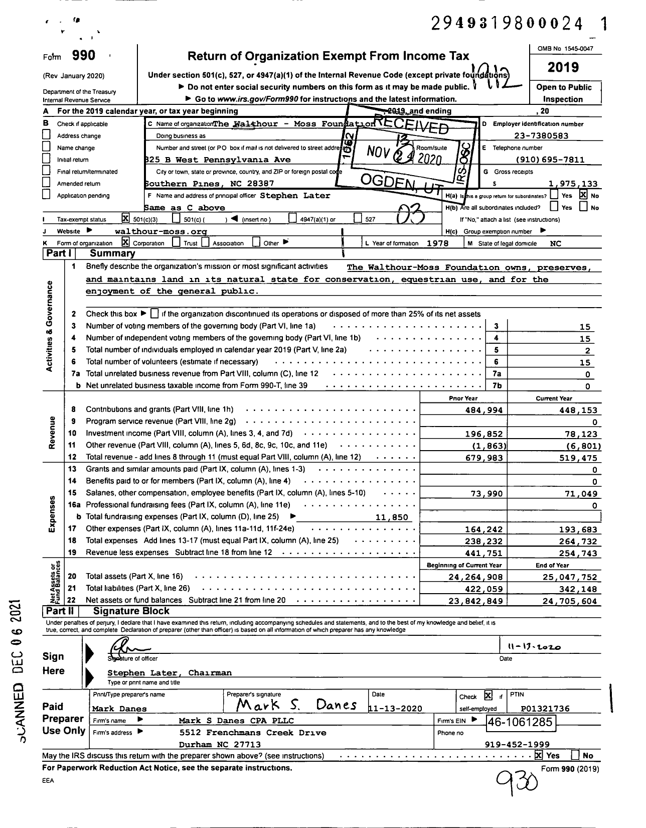 Image of first page of 2019 Form 990 for The Walthour - Moss Foundation