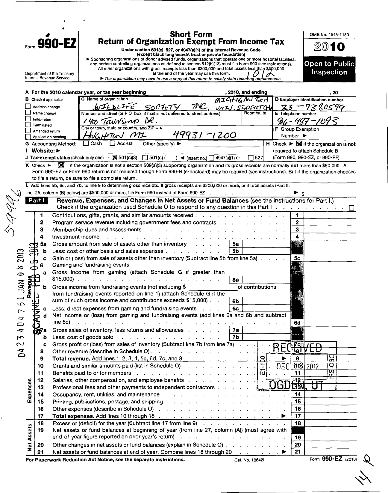 Image of first page of 2010 Form 990EZ for Michigan Technological University Student Chapter