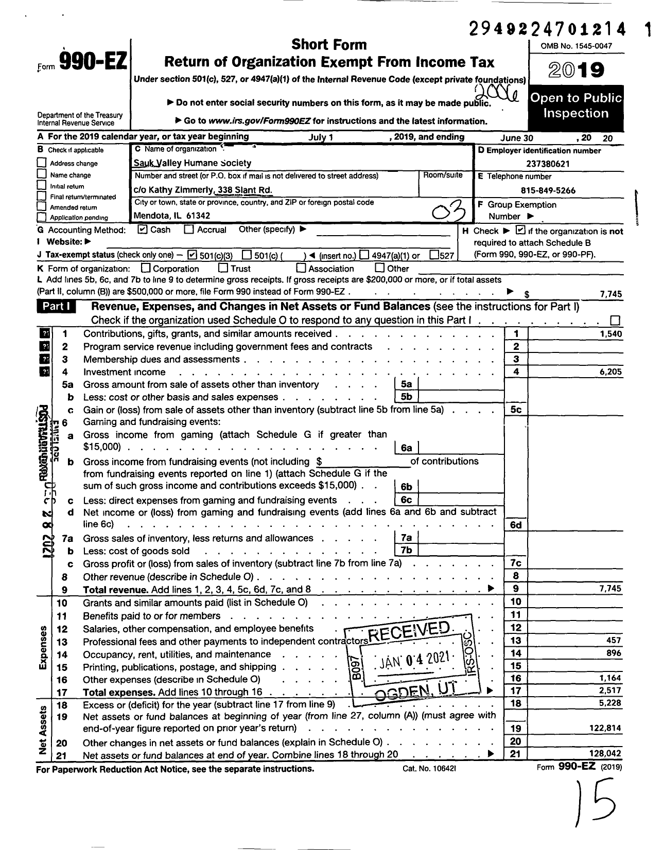 Image of first page of 2019 Form 990EZ for Sauk Valley Humane Society