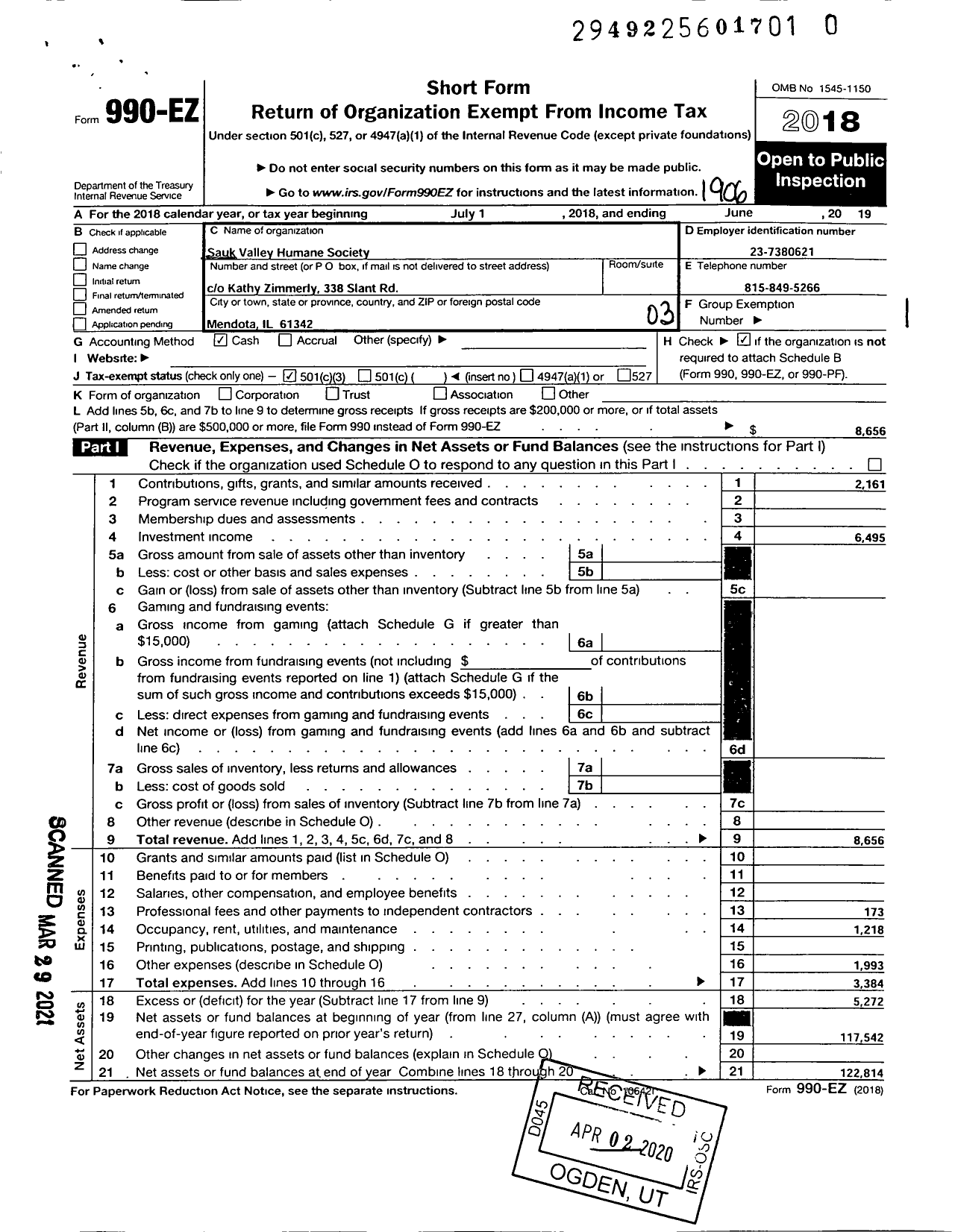 Image of first page of 2018 Form 990EZ for Sauk Valley Humane Society